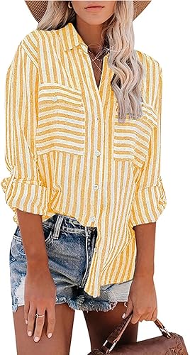Miniatura 8 de Camisas largas con botones para mujer, ajuste holgado, manga larga, a rayas, con bolsillo con solapa, camisetas informales y elegantes para el