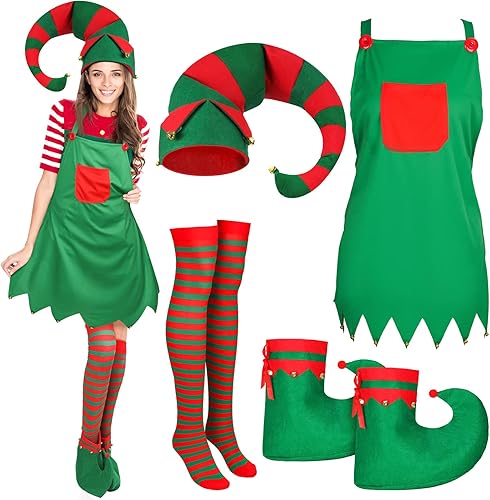 Juego de 4 piezas de disfraz de elfo para mujer, accesorios de Navidad, incluye delantales de elfo, sombrero de fieltro extra largo con campana,