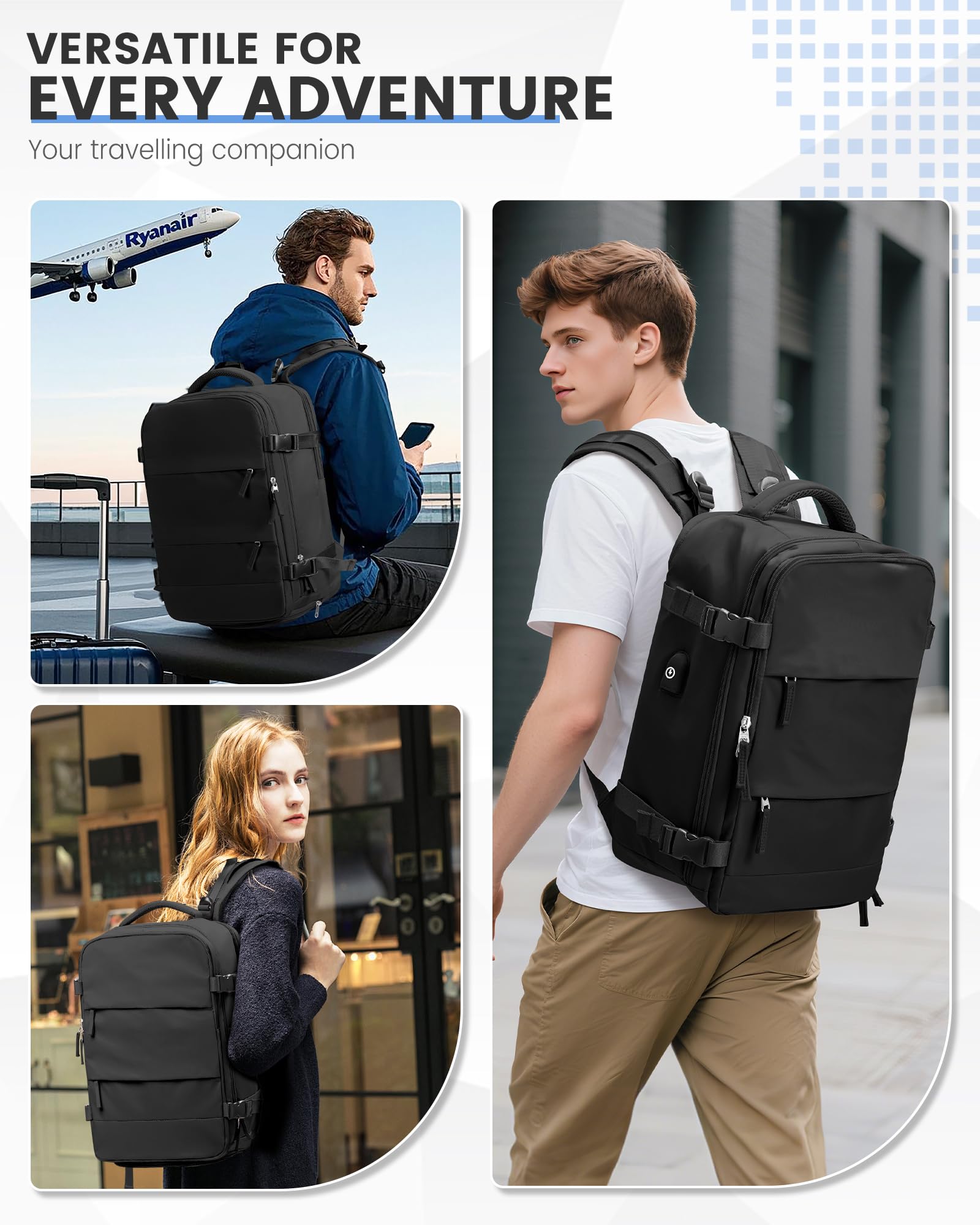 SEAFEW Mochila Viaje Cabina Avion 40x30x20 para Ryanair Mochilas de Vacío con Bomba para Mujer Bolsa de Cabina Equipaje de Mano Cabina Avion Mochila de Senderismo Impermeable Cabina Mochila,N1-Negro