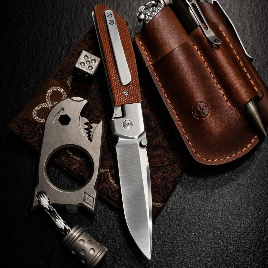 Premium EDC Folding Pocket Knife - 2.75" D2 Steel Drop Point Blade, Brown Linen Micarta Handle, Smooth Ball Bearing Pivot, Ultra-Lightweight 2.26oz Outdoor Knife with Titanium Clip for Camping & Everyday Carry