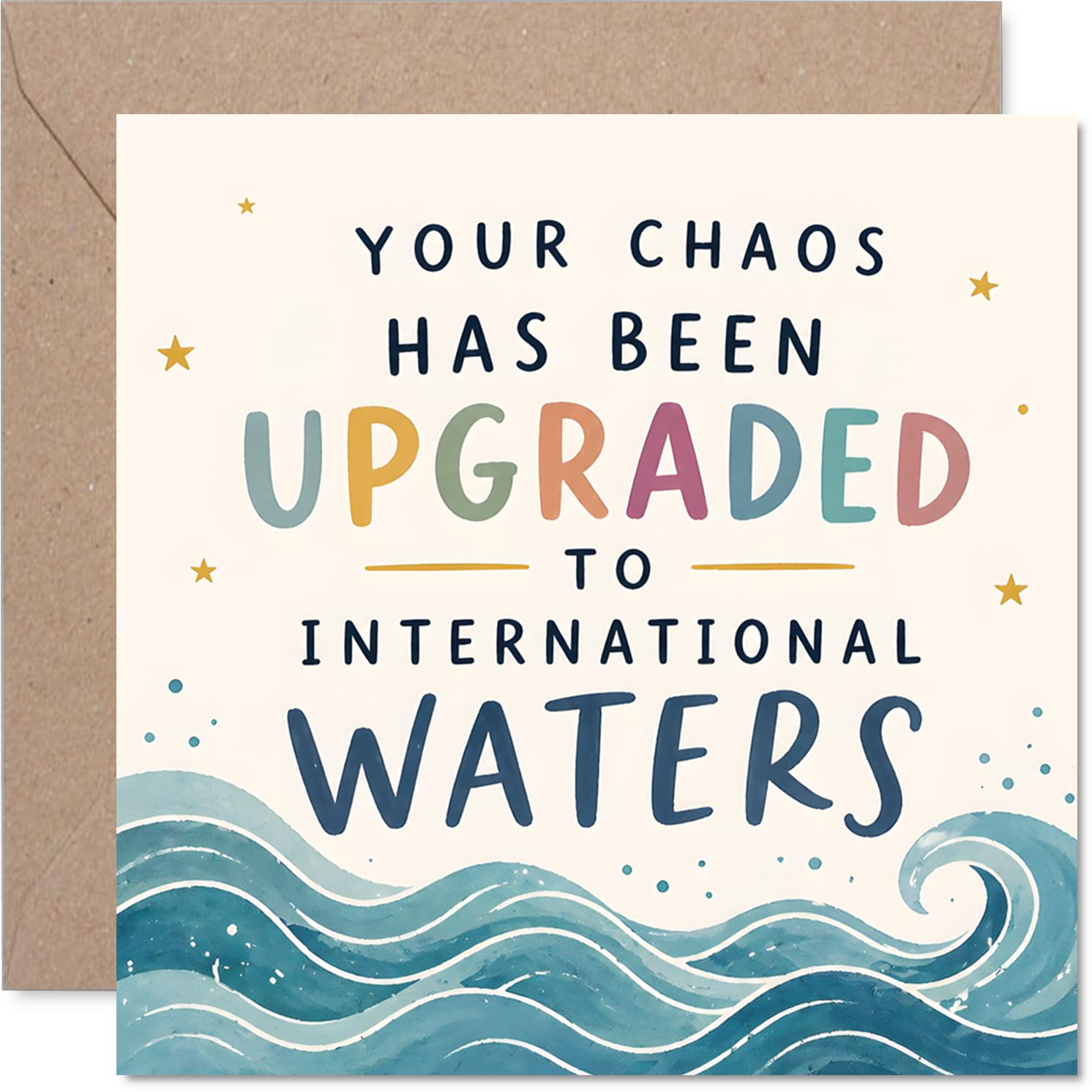 Playful Good Luck Card - International Waters of Chaos - Whimsical Waves and Pastel Stars Design - 145mm Square, Envelope Included
