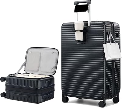 HanTrip Hard Shell Expandable Luggage Sets 2 Piece with Spinner Wheels Cup Holder, Top Opening Lightweight Luggage Rolling Suitcase with Lock, Carry On And Checked Luggage Set 2 Piece Black, 20/28