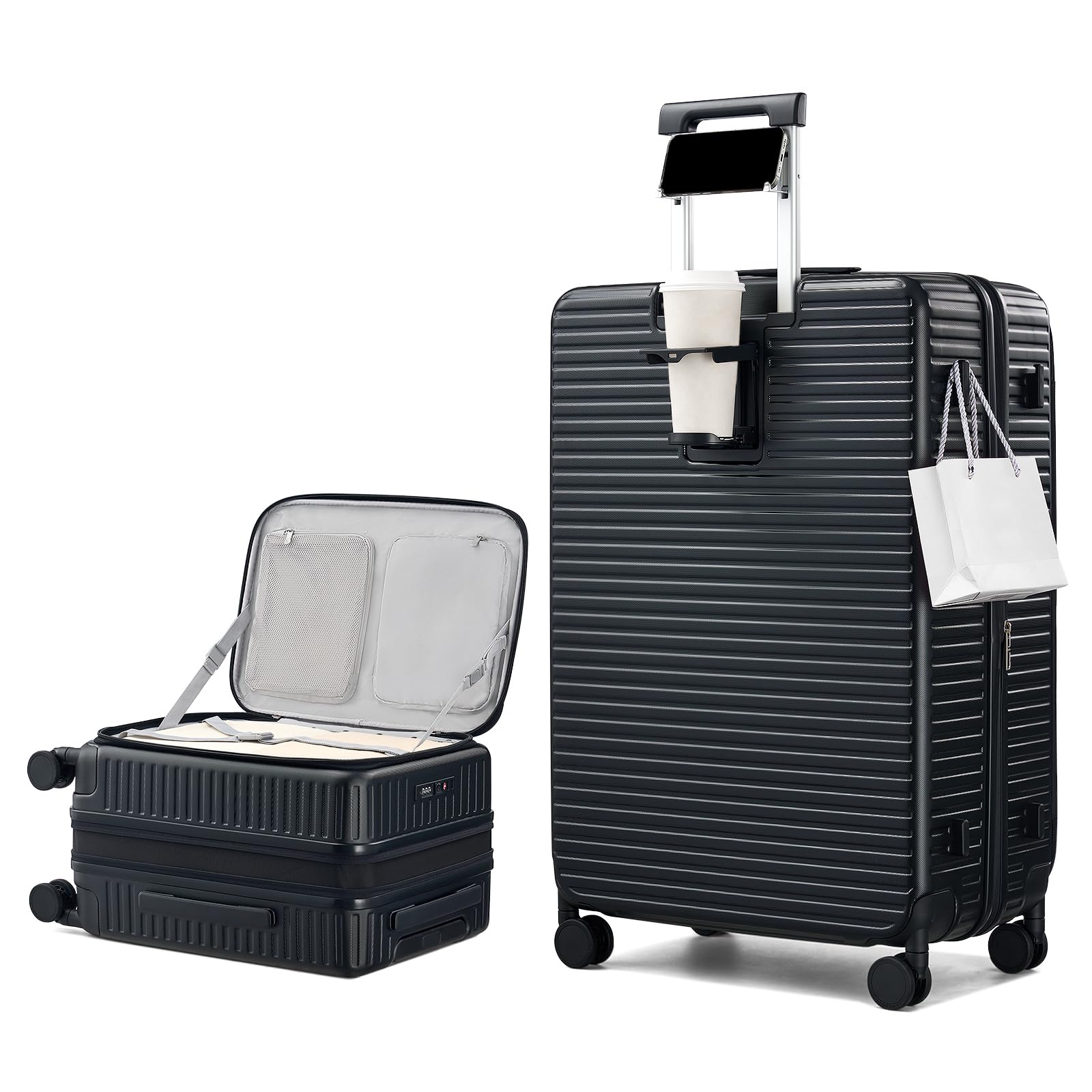 HanTrip Hard Shell Expandable Luggage Sets 2 Piece with Spinner Wheels Cup Holder, Top Opening Lightweight Luggage Rolling Suitcase with Lock, Carry On And Checked Luggage Set 2 Piece (Black, 20/28)