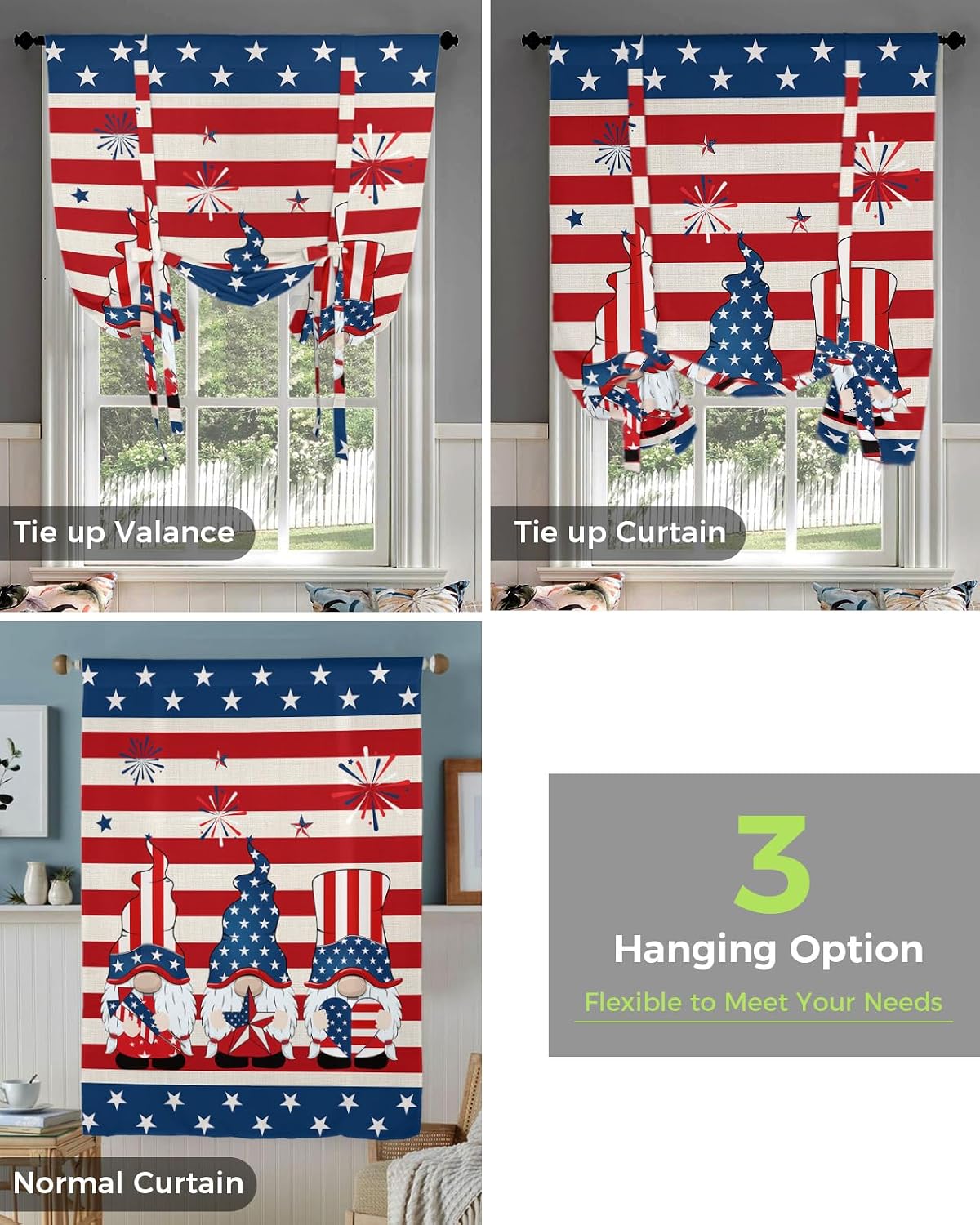 Independence Day Tie Up Window Shade Curtain American Patriot Dwarf USA Kitchen Adjustable Balloon Curtains Shades Drape 52x63In for Living Room/Bedroom/Cafe Windows Red White Blue