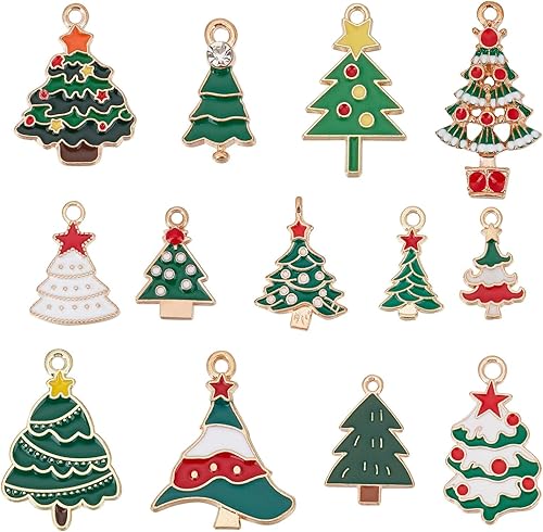 Miniatura 1 de SUNNYCLUE 1 caja de 52 dijes de árbol de Navidad esmaltados verdes para árboles de Navidad de invierno, dijes de diamantes de imitación surtidos de