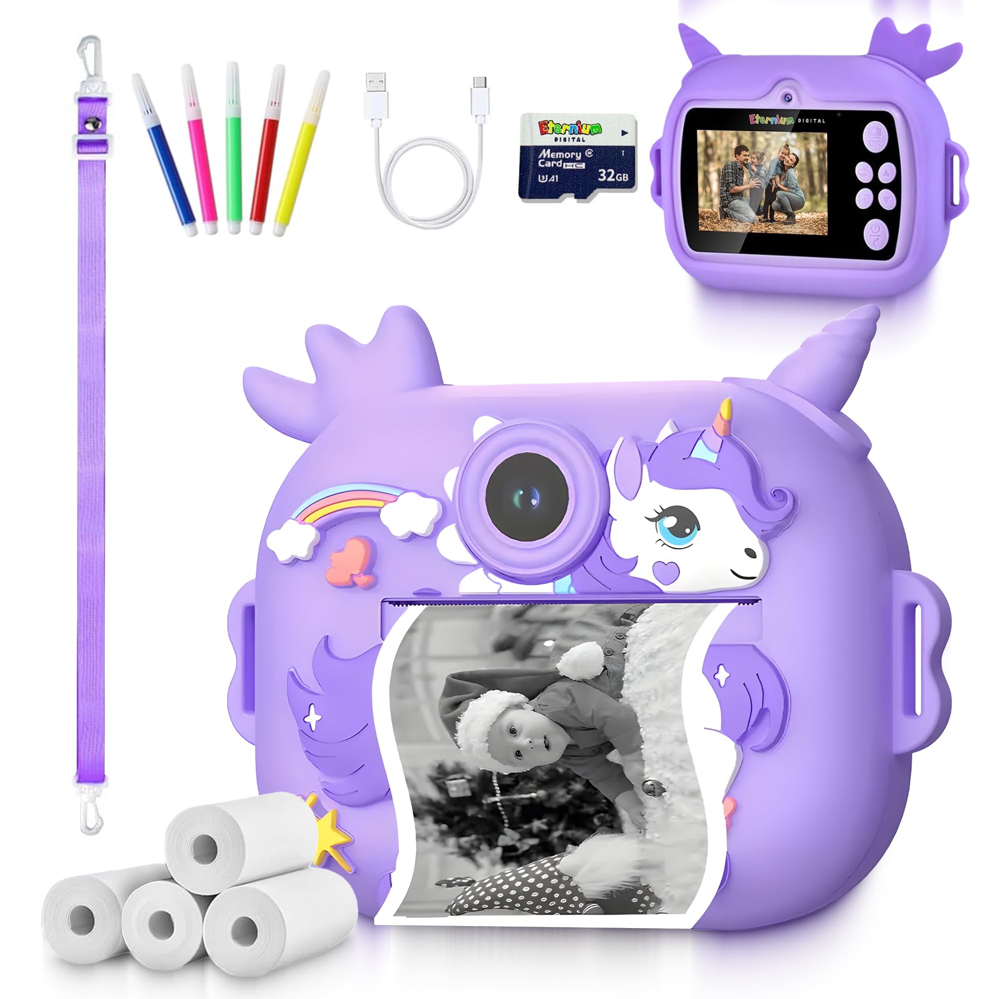 ETERNIUM Appareil Photo Instantané Enfant Licorne - Kit Créatif et Éducatif - Caméra Numérique 1080P Antichoc - 4 Rouleaux d'impression + Carte 32Go - Cadeau Noël Anniversaire Fille Garçon 3-12 Ans