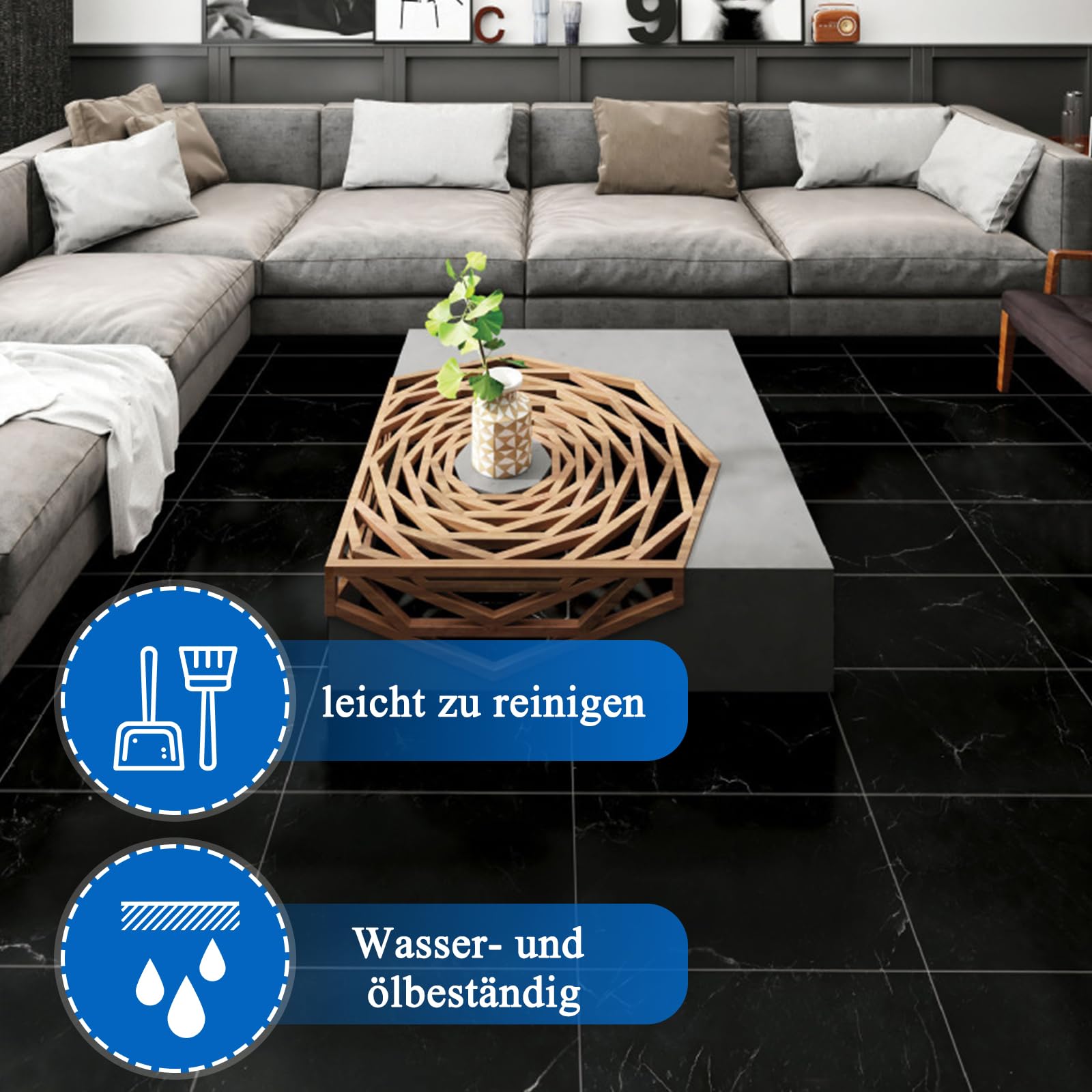 CYEER 25 Stück PVC Bodenbelag Selbstklebend Schwarz 30x30cm, Vinylboden Marmoroptik, Wasserfeste Bodenfliesen für Bad & Küche, DIY Renovierung ca. 2,25 m²