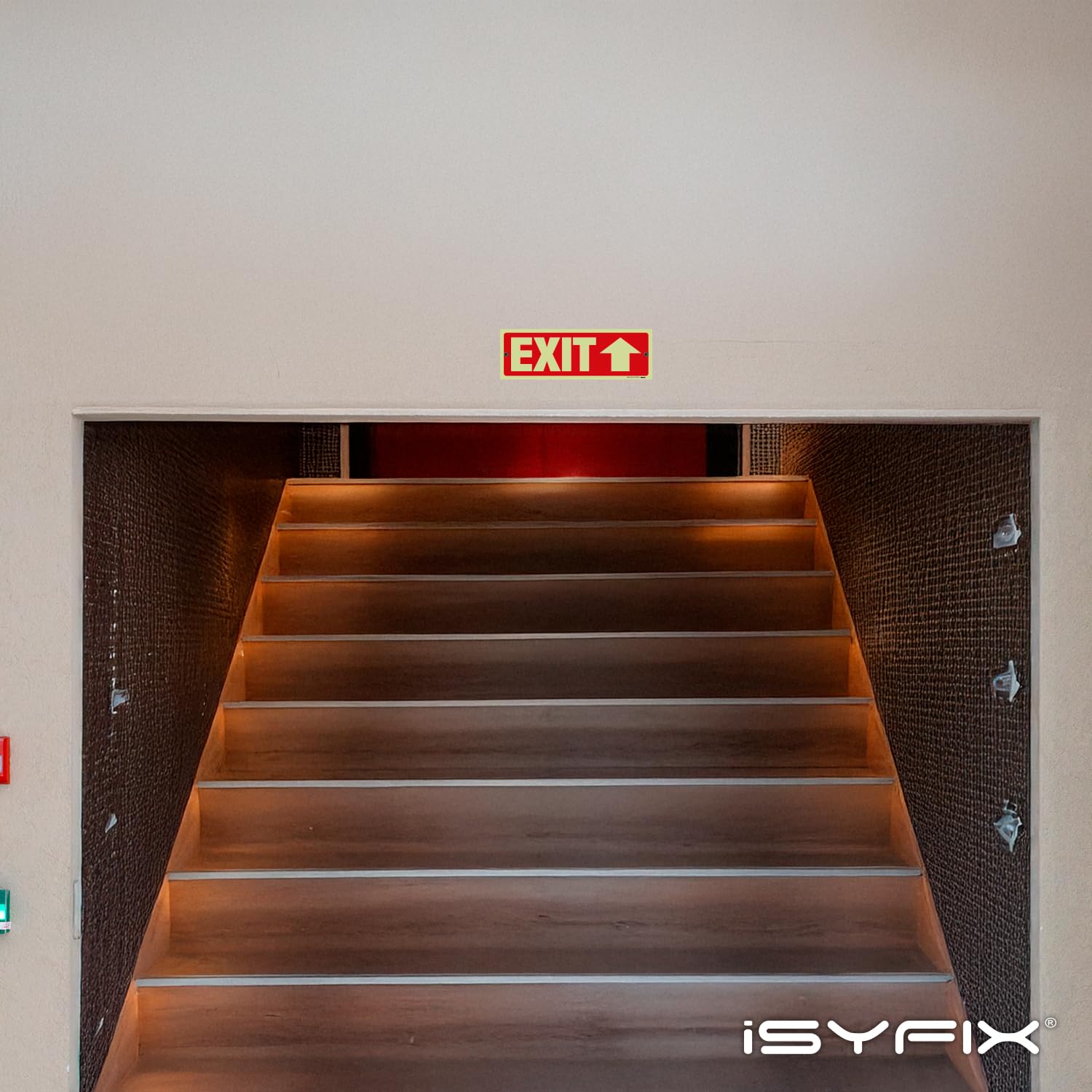 iSYFIX Señales de salida con flecha hacia arriba direccional, paquete de 12 unidades de 12 x 4 pulgadas que brillan en la oscuridad para negocios, escuela, oficina, almacén, poliestireno duradero de