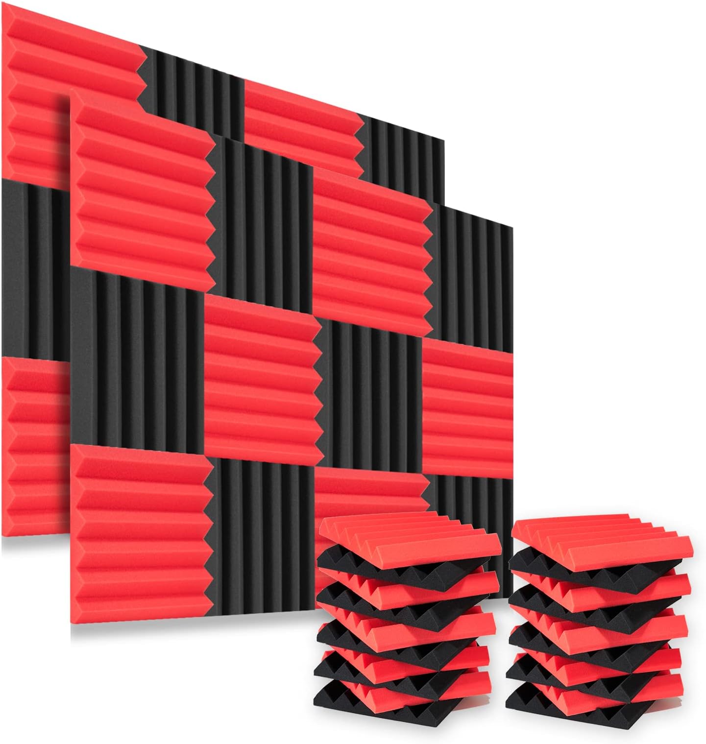 Acoustic Foam Panels, Recording Studio Acoustical Treatments Foam Panels – 2 Inch Thick 12x12 (24 Pack)| Sound Observing Soundproofing Fireproof Wall Foam Tiles | For Studio Office Home (Black & Red)