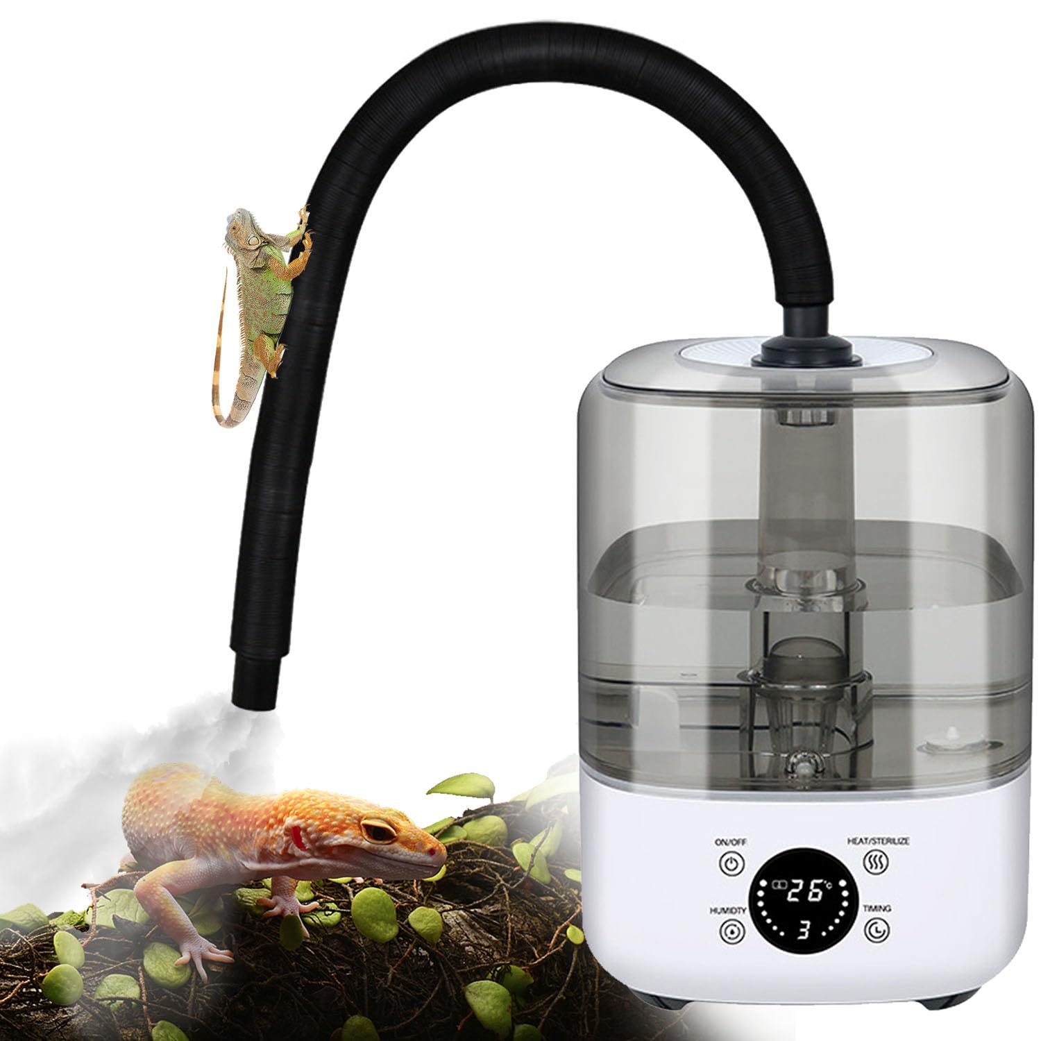Humidificador para reptiles de 5 l, relleno superior ajustable para terrarios, anfibios, hierbas con manguera de extensión, fabricante de niebla multifuncional para el hogar