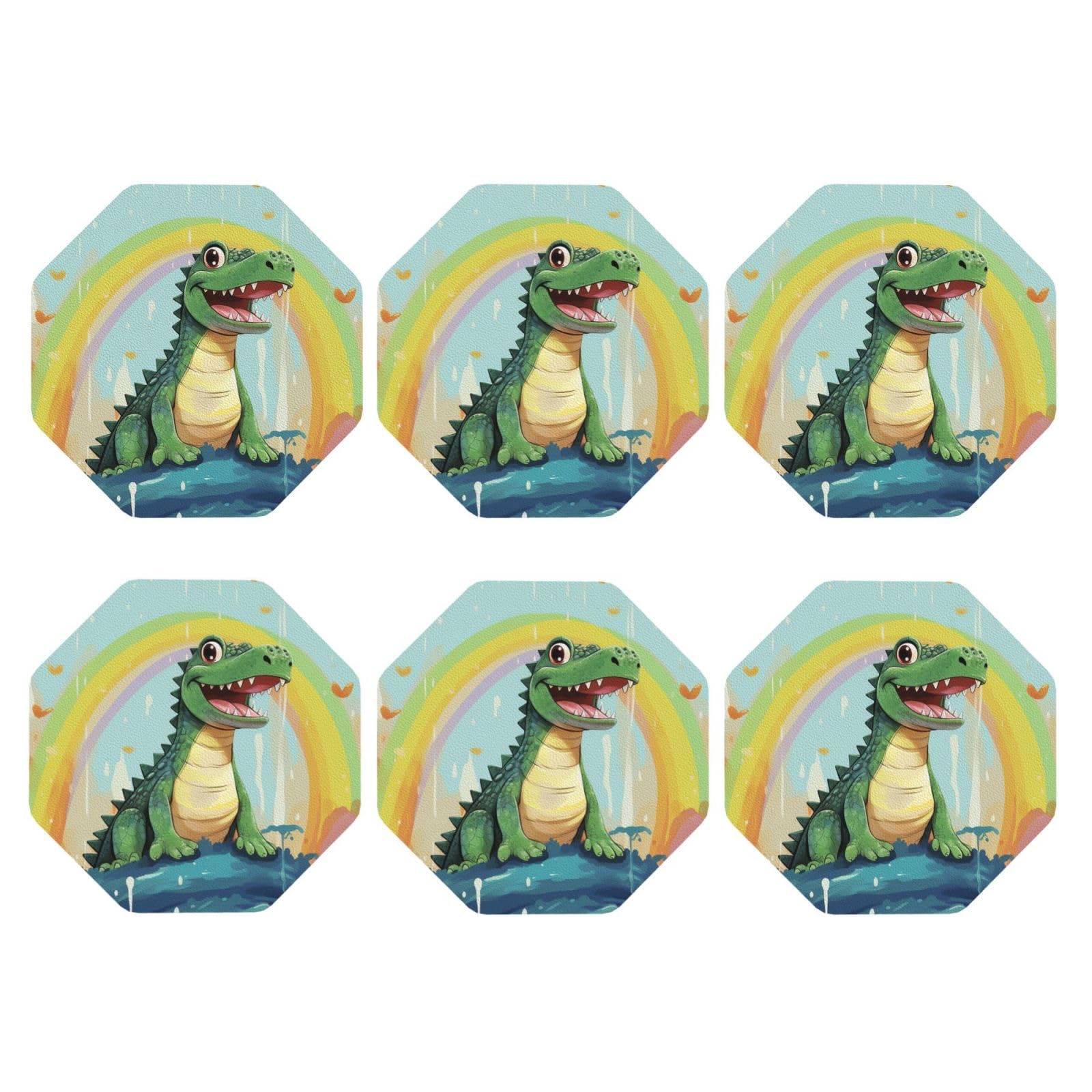 6pcs Leather Coasters for Drinks, Cute Crocodile Rainbow Drink Coasters for Tabletop Protection, 4" Cup Coasters for Coffee Table Decor, Non-Slip Drinking Cup Mat for Hot Or Cold Drink