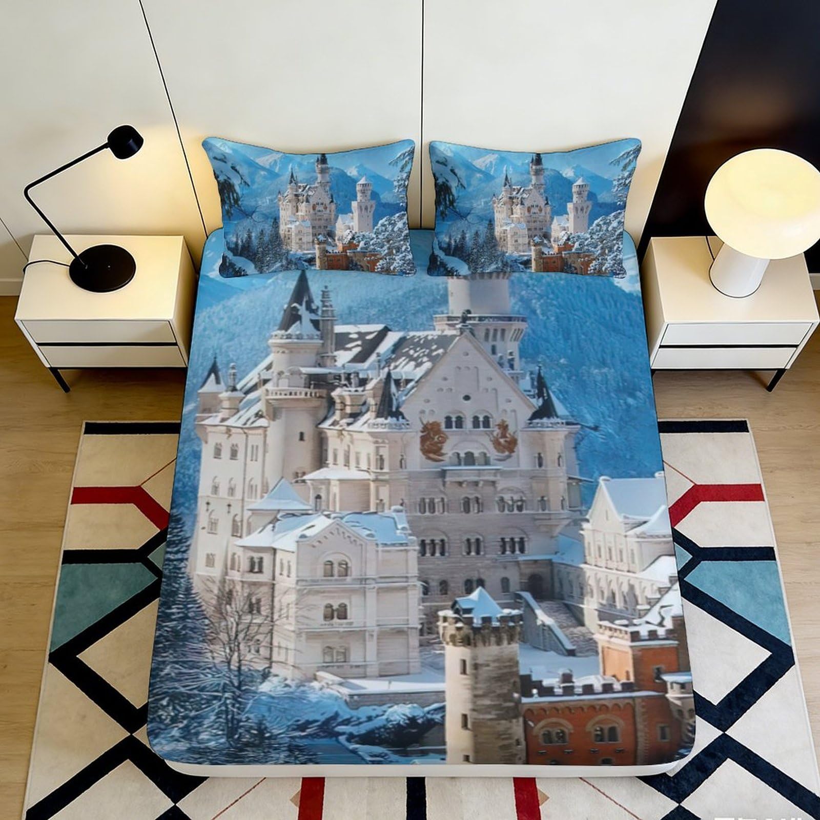 3D Printed Winter Castle Fitted Sheet Microfiber Snowy Palace Mattress Cover for Bedroom Dorm Bed Decoration 140x200x25cm