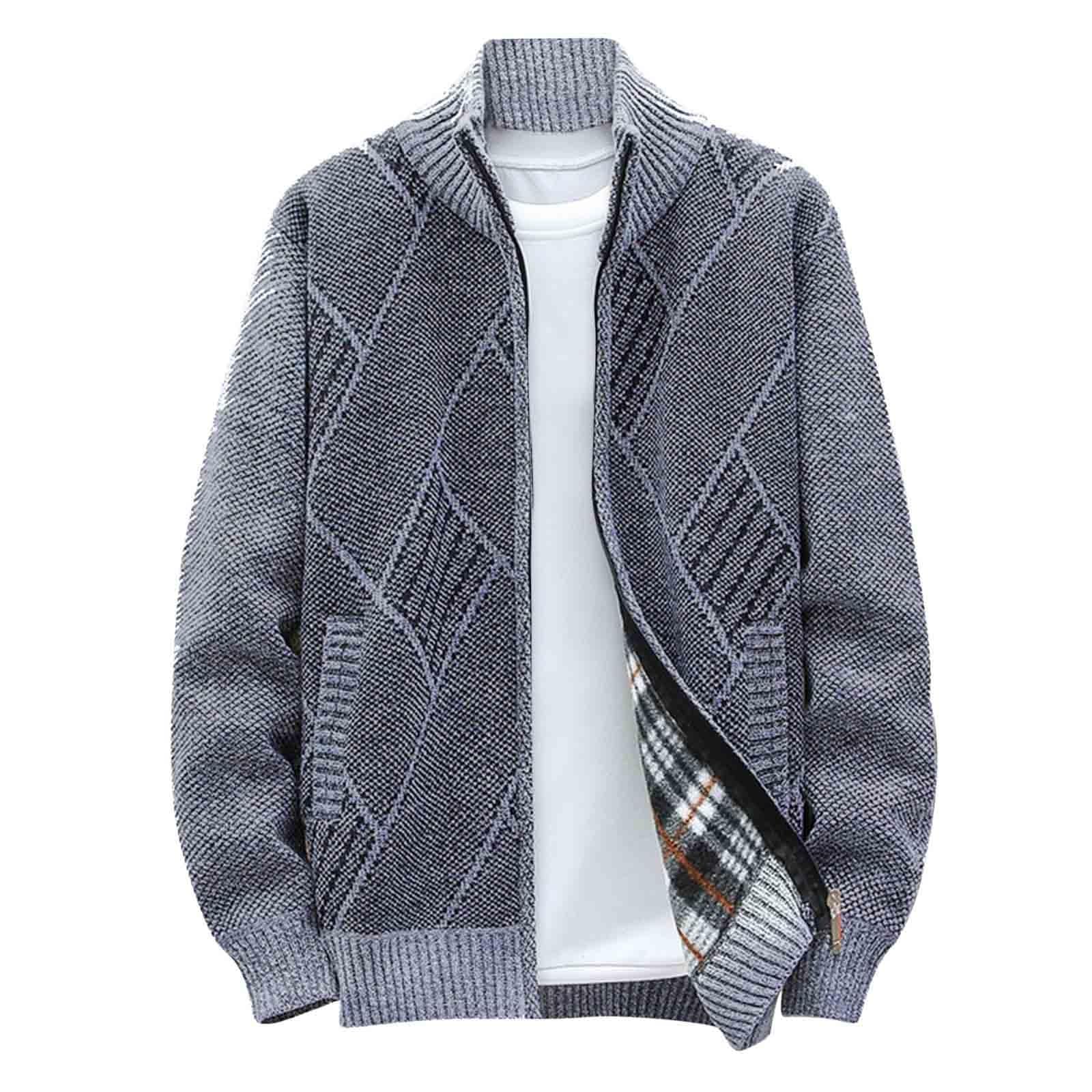 SMIDOWMen's Cardigan Sweaters Knitted Stand Collar Regular Fit Jacket Full Zip Fleece Lined Winter Warm Coat, #01 Gray, Medium