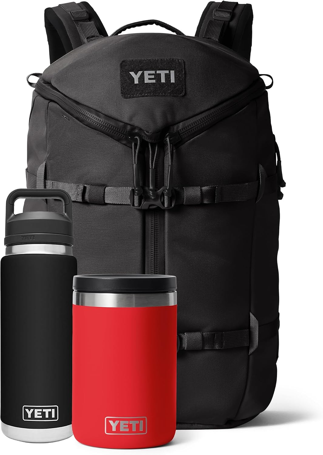 YETI Rambler 26 oz Black Chug Cap Bottle and 16 oz Rescue Red Food Jar, Leakproof, Vacuum Insulated Ranchero 27L Backpack, All-Day Utility Pack, Black