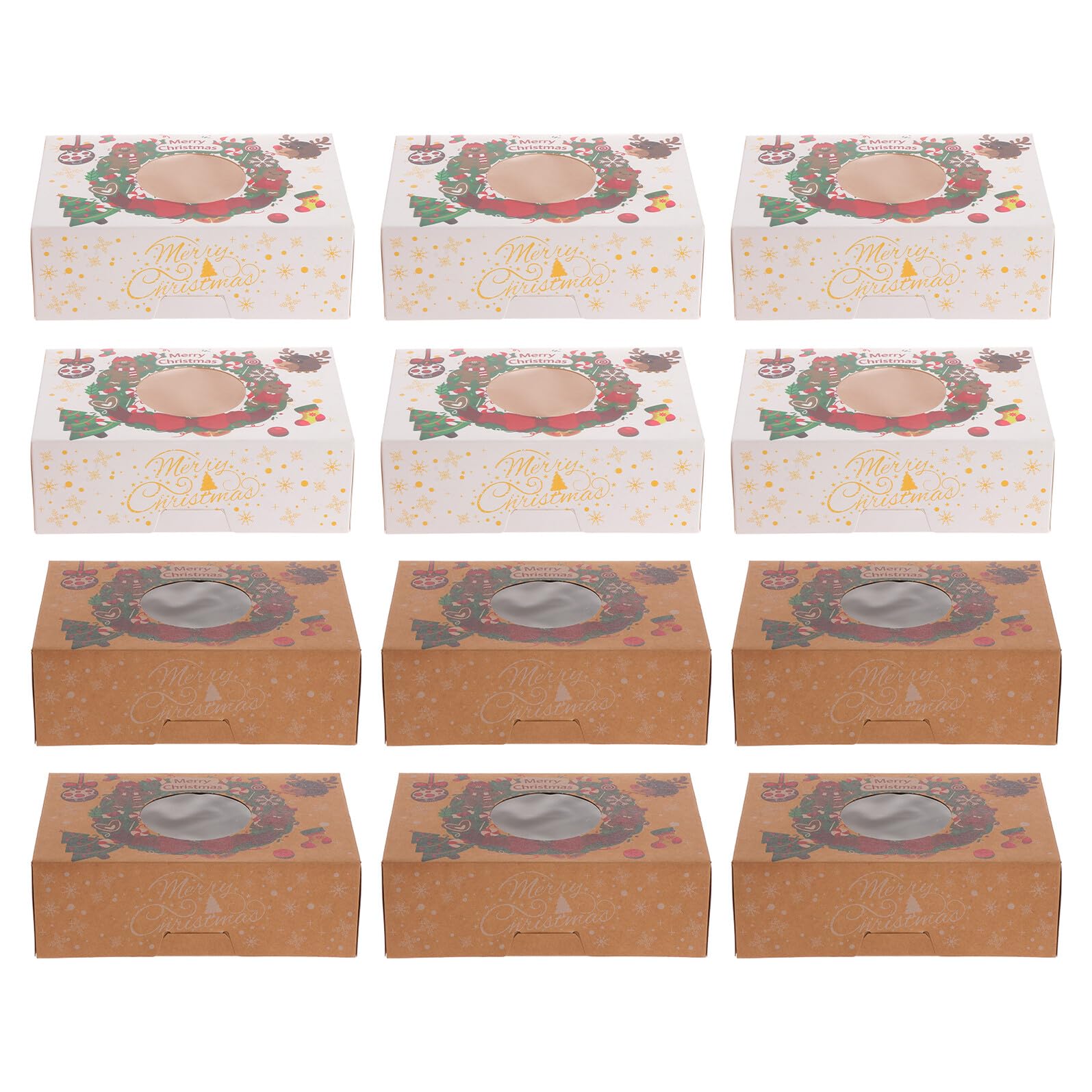 Scatole per Torte di Natale Grandi da 12 Pezzi Contenitori per Dolci Design Natalizio Scatole da Forno Resistenti in Bianco e Carta Kraft per Pasticcerie e Confezionamento