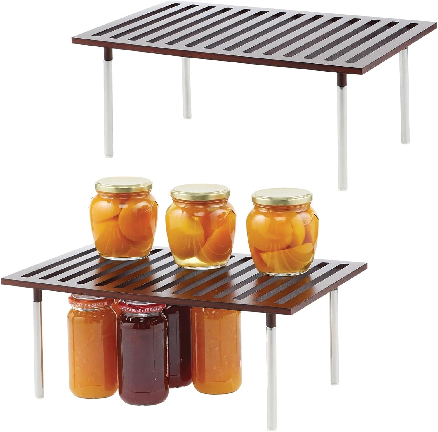 mDesign Natural Bamboo Storage Shelf - Food and Kitchen Organizer for Cabinets, Pantry Shelves, Countertops, Stackable, 2 Pack - Espresso Brown