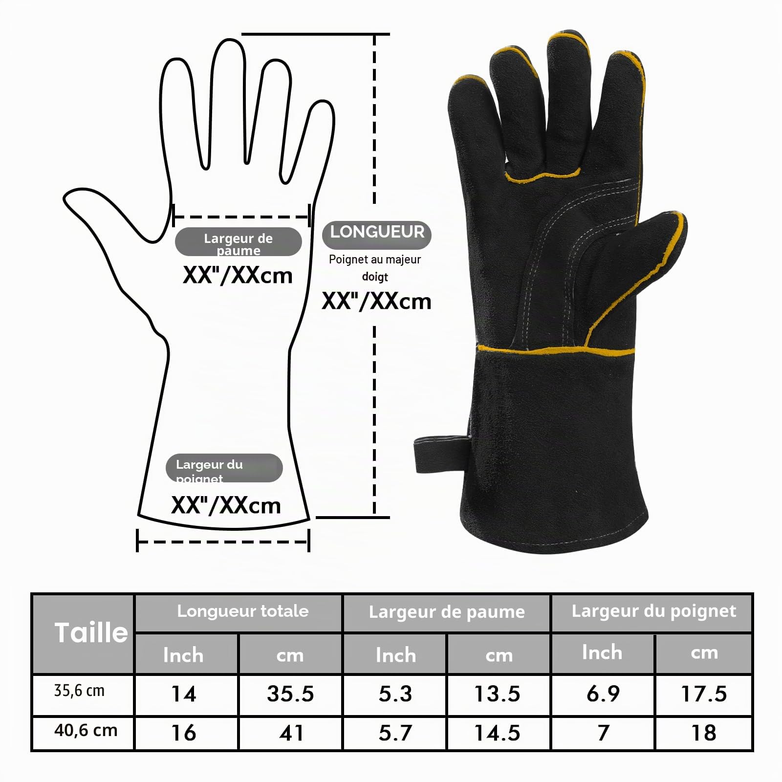 QeeLink Gants de soudure en cuir doublés résistants à la chaleur et à l'usure avec coutures ignifuges pour soudure/cheminée/barbecue/jardinage/travail