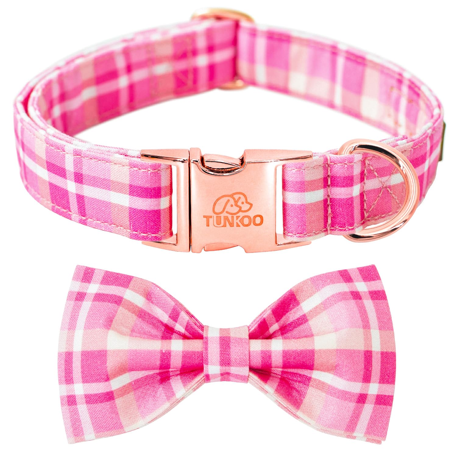 Tunkoo Dog Collar Super Cute Pink Plaid with Bow Tie - Durable Adjustable and Stylish Cotton Pet Collar for Girls Small Medium Large, M