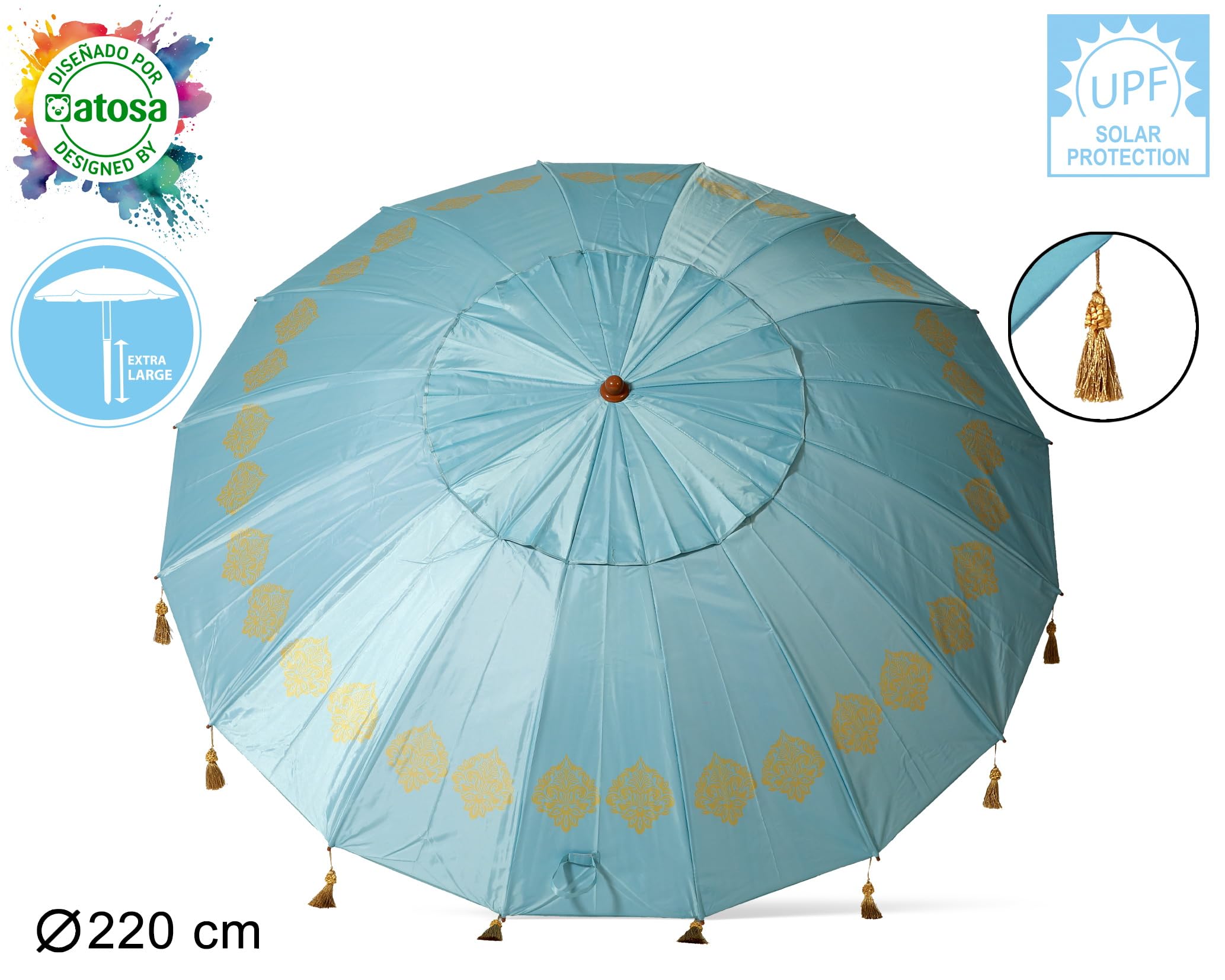 Atosa Sombrilla de Playa ø desde 180 a 240 cm de Aluminio Modelo Oriental con Flecos con UPF 50+