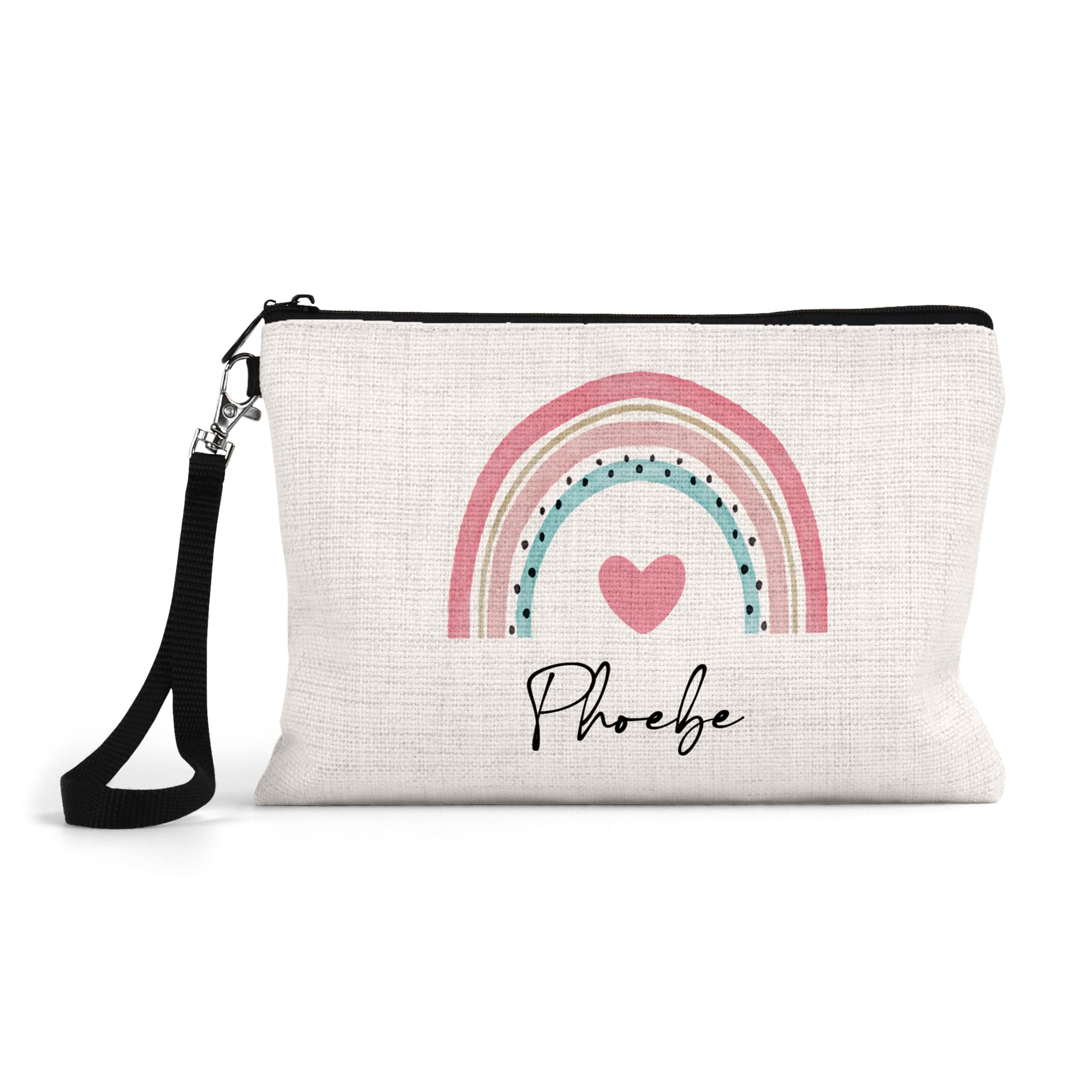 Personalised Canvas Pencil Case for Kids – Custom Name Zip Bag for School or Stationery – Heart Rainbow Design – Large 24x16cm – Natural Fabric – Back to School Supplies for Girls or Boys
