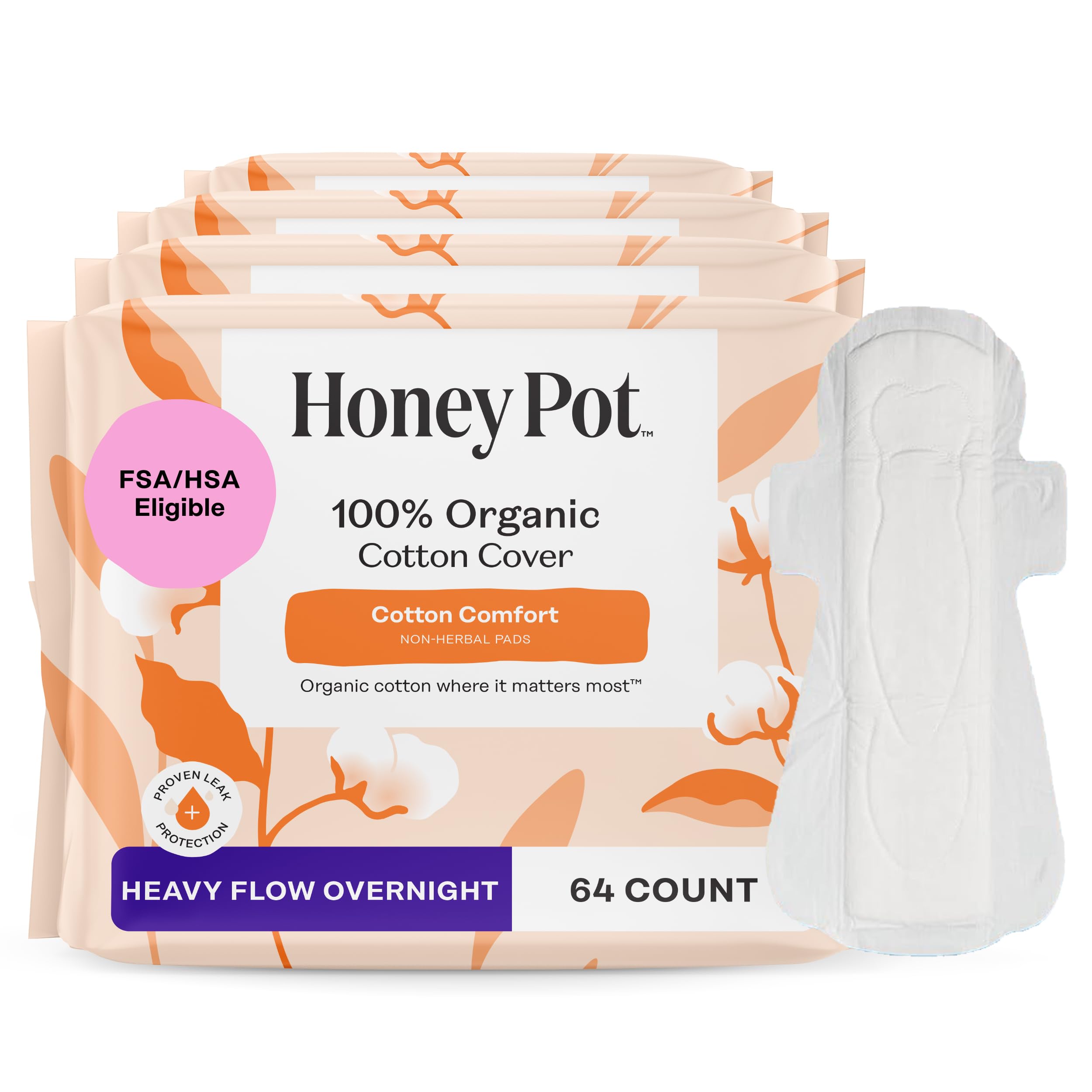 The Honey Pot Company - 64ct - Sanitary Pads for Women - Non-Herbal Heavy Overnight w/Wings - Organic Cotton Cover & Ultra-Absorbent Pulp Core - Feminine Care