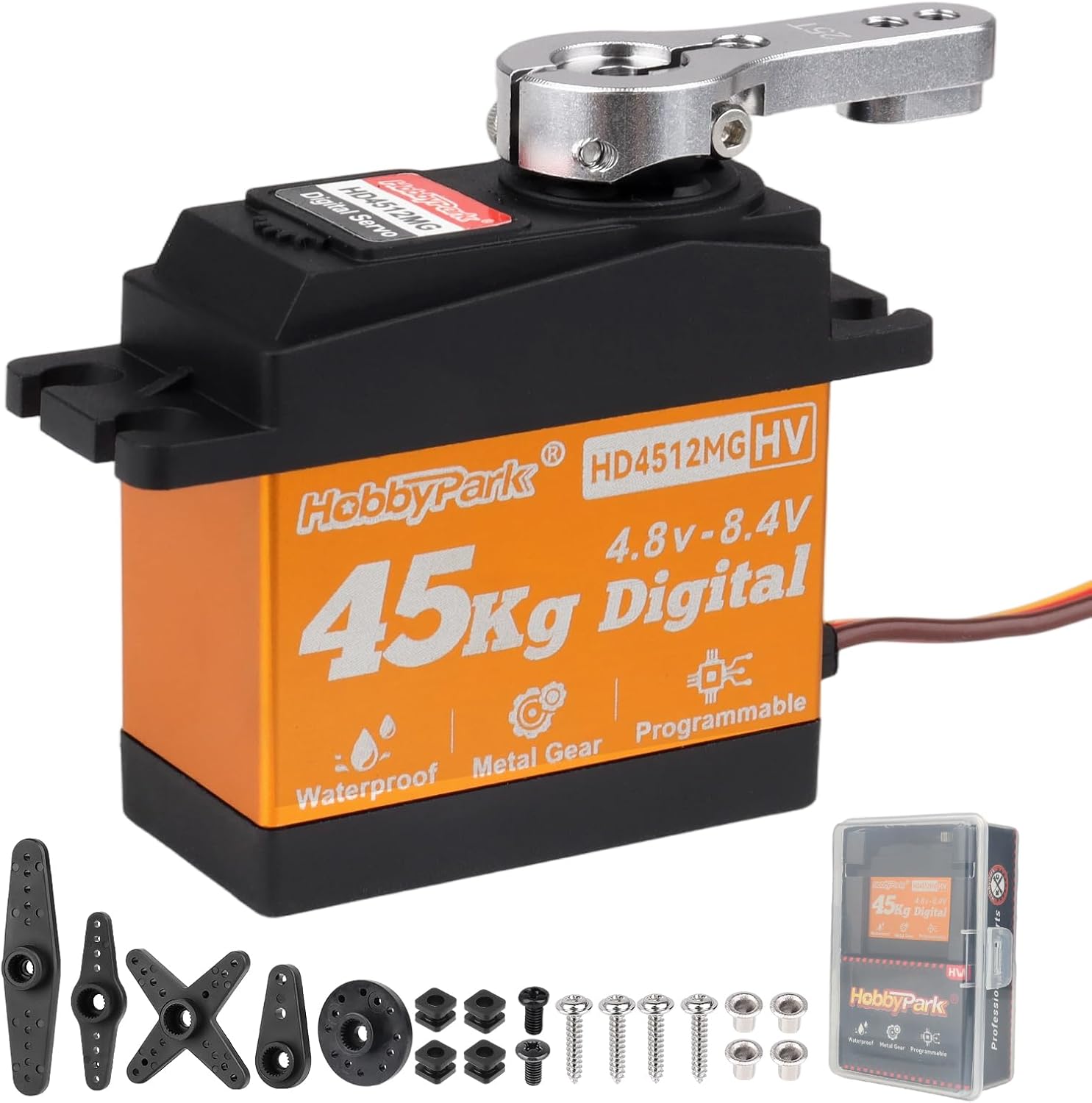 HobbyPark Waterproof High Torque RC Steering Servo 45kg Standard Size HV All Metal Gears 4.8-8.4V for RC Crawler Car Truck Buggy Control Angle 180° Robotic Programmable