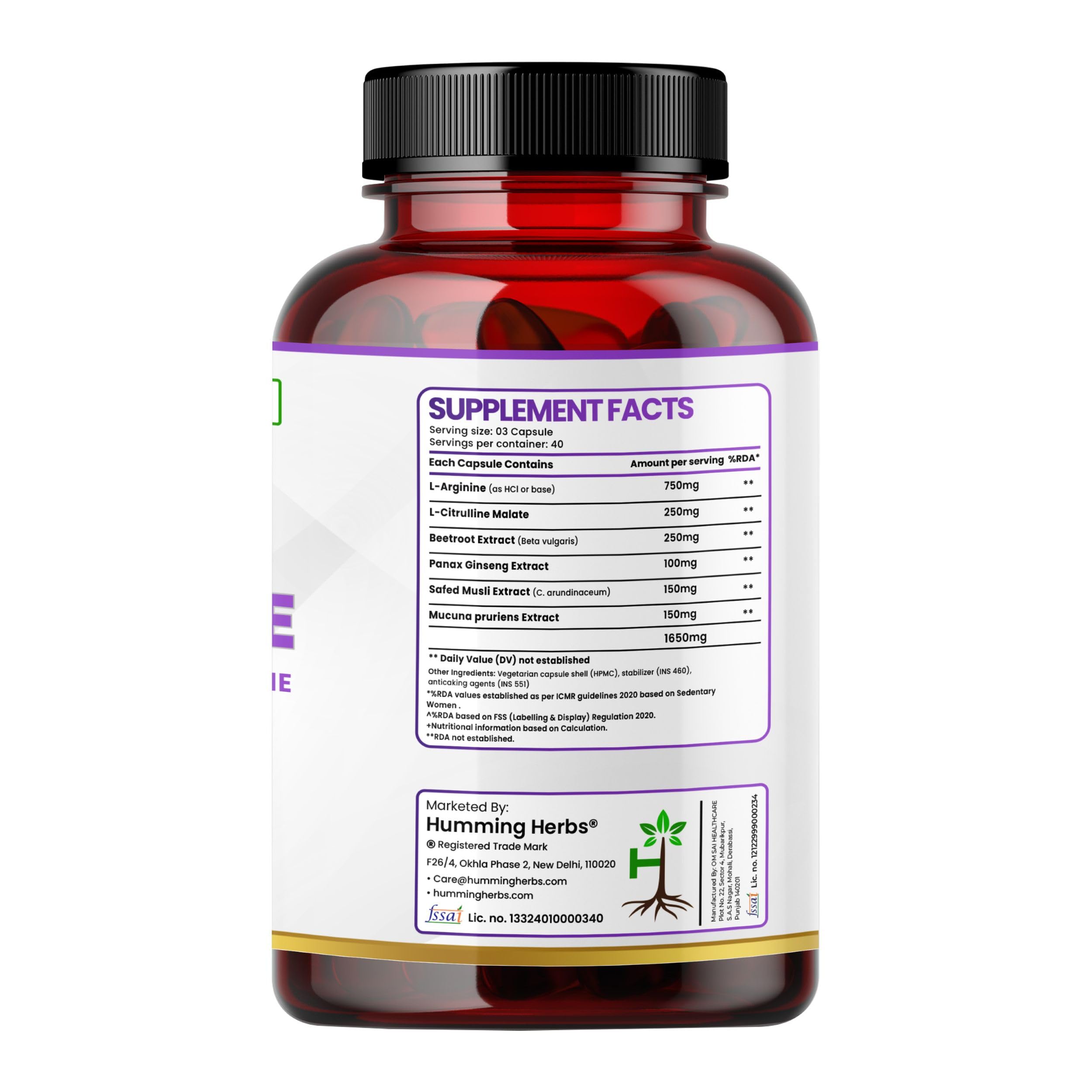 Humming Herbs L-Arginine 750mg & L-Citrulline, Beetroot, 120 Veg Capsules — Amazon image 3