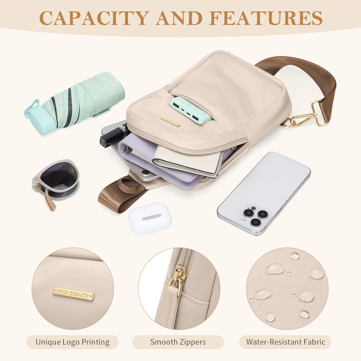 GOLF QUALTY Large Capacity Crossbody Bag Spacious Fanny Pack for essentials Casual Waist Pack for Women & Men,Apricot - Image 3