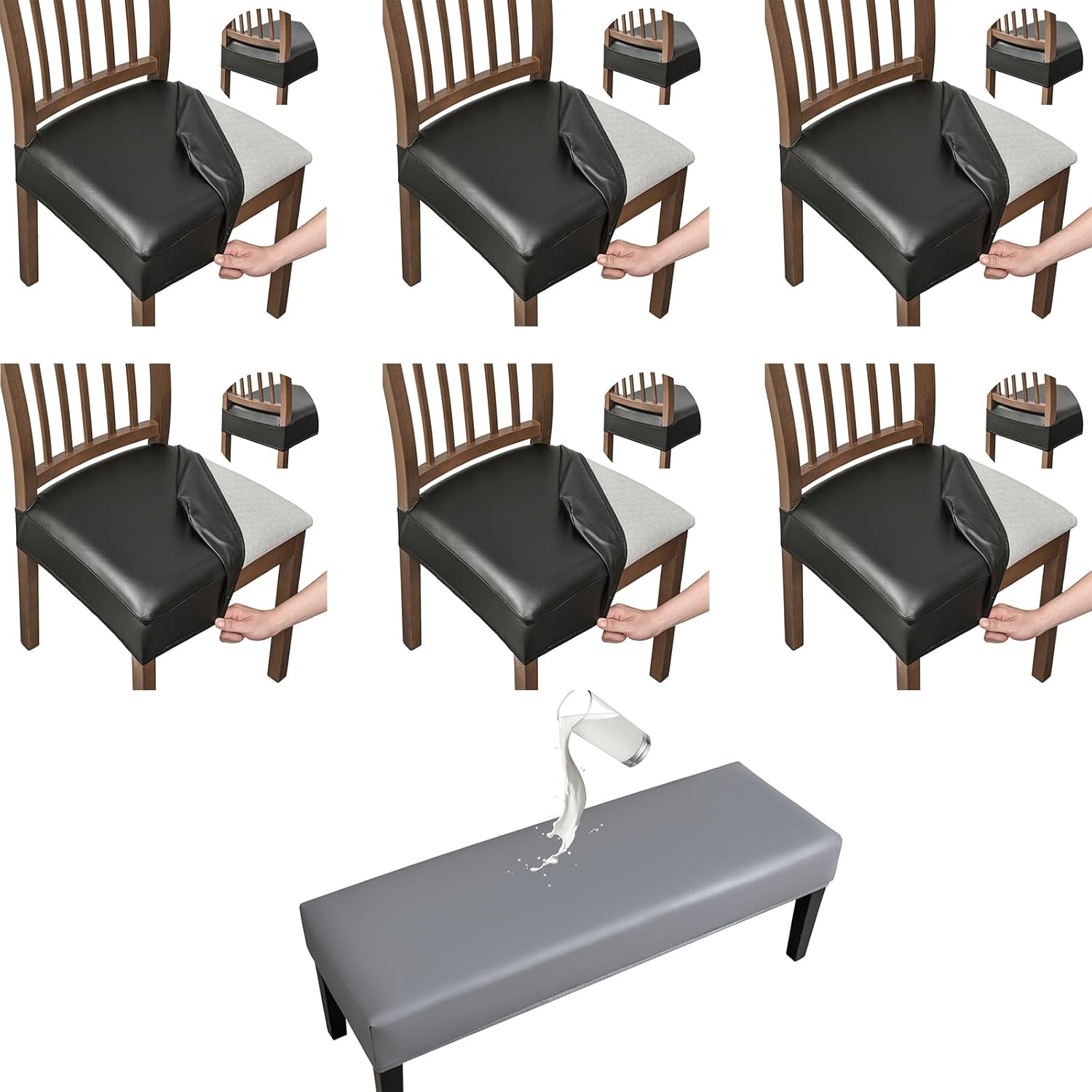 FUANGUI Dining Chair Covers Set of 6+Bench Cover, Waterproof PU Leather Stretch Chair Seat Slipcovers, Black+Grey
