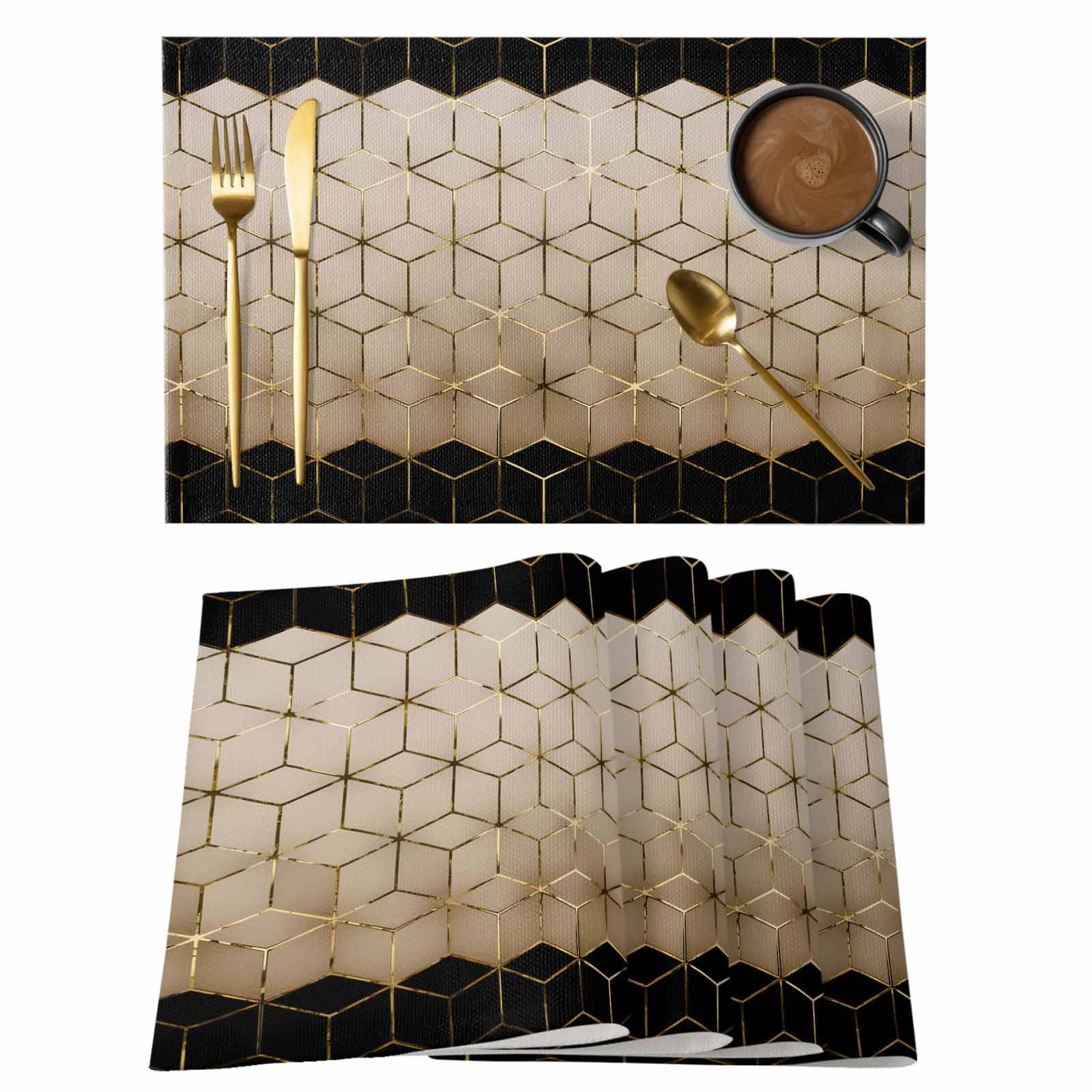 Juego de 6 manteles individuales con patrón geométrico, cubos de arte abstracto, color marrón, negro, dorado, resistentes al calor, antideslizantes, de arpillera, para mesa de comedor, cocina, fiesta,