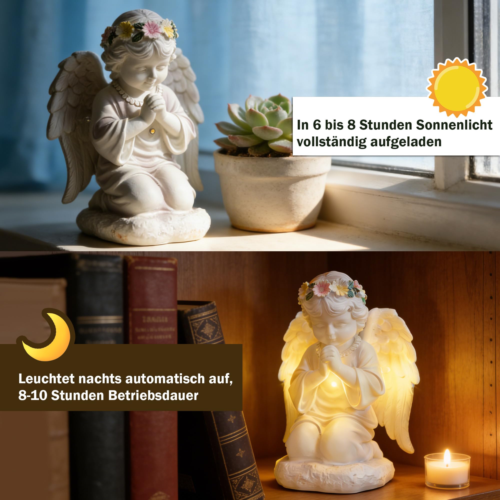 Solar Engel Figur für Grab Wetterfest Außendekoration - Gebetsvolle LED-Schutzengel-Statue mit Solarbetriebenem LED-Licht, Feenengel-Skulptur, Geeignet für Gärten, Rasenflächen, Innenhöfe, Terrassen