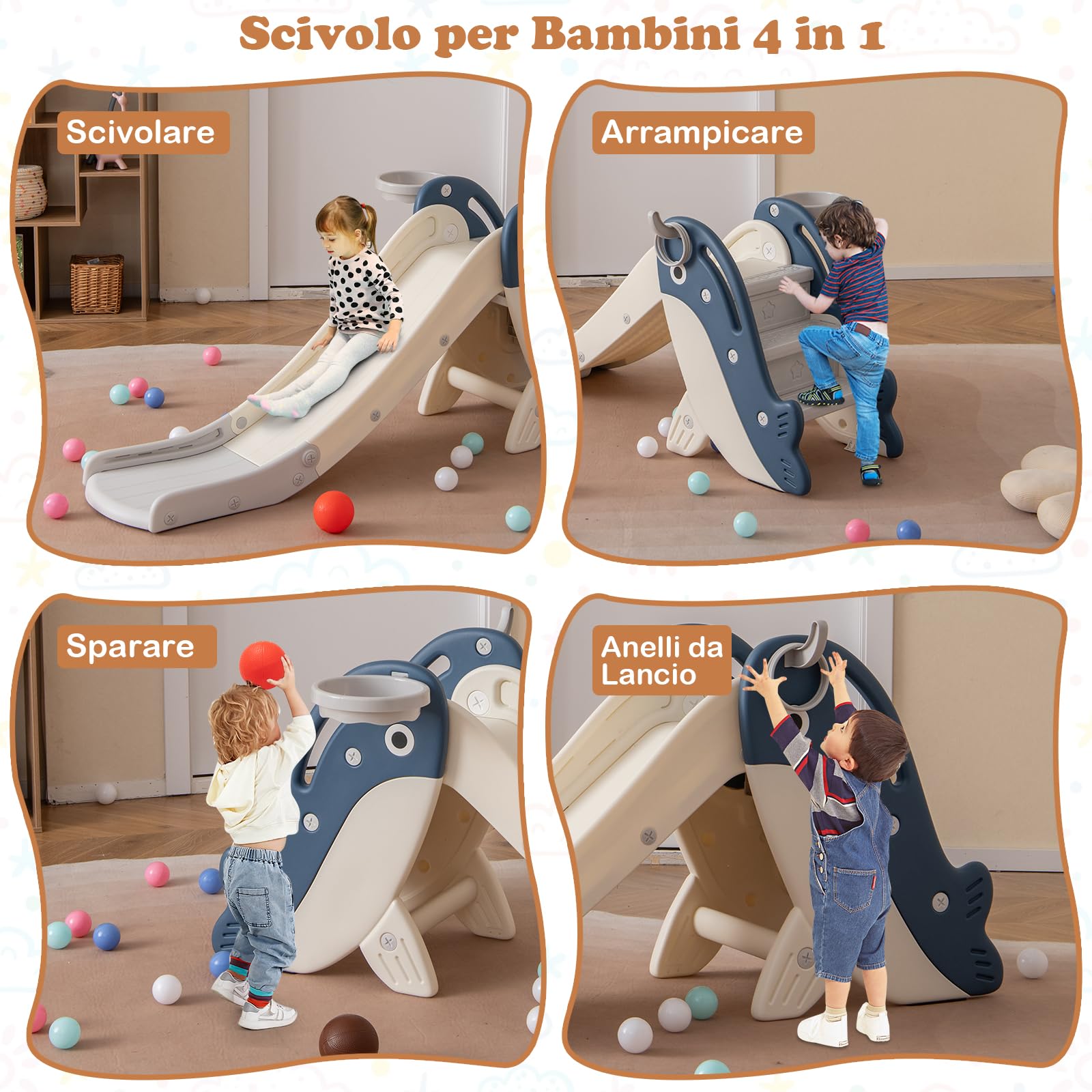 COSTWAY 4 in 1 Scivolo per Bambini, Set da Giocattolo Arrampicata con Canestro da Basket Lancio Palla ed Anelli, Scivolo Pieghevole da Interno ed Esterno per Bambini 3 Anni +
