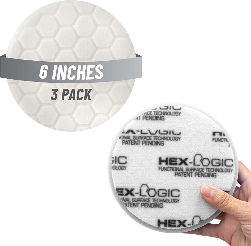 Chemical Guys, Hex-Logic Ultra Light Cut Polishing Pad, White, 6.5 in, 3 Pk | Soft white finishing foam pads enhance gloss and refine light swirls on dual-action polishers, three pack