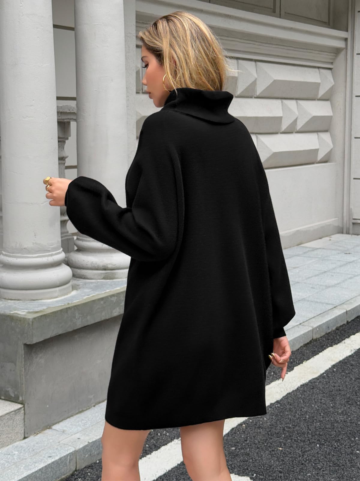 Saodimallsu Robe en tricot surdimensionnée pour femme - Col roulé - Manches longues - Couleur unie - Élégante - Mini robe de Noël - Manches lanternes - Robe d'hiver