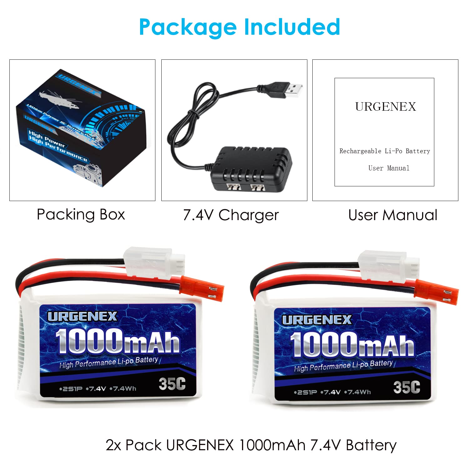 7.4V 1000mAh Lipo Battery 2S 35C Lipo RC Batteries with JST Plug Rechargeable Lithium Battery with 2 in 1 USB Charger for WLtoys A949 A959 A969 A979 K929 and Most 1/10 1/16 1/18 1/24 RC Cars