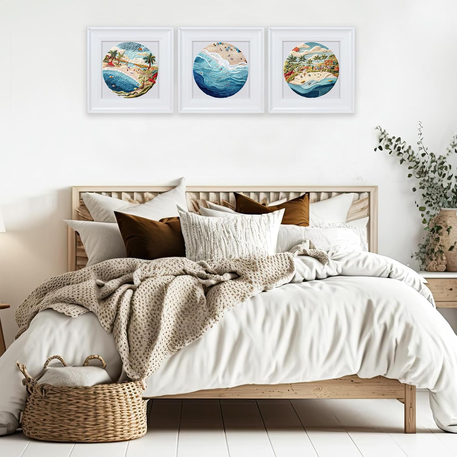FONNUY Beach Ocean Embroidery Kit, Cross Stitch Kits for Beginners, Handmade Crafts with Printed Patterns for Beginner Adults, Easy to Follow Color Thread Needlework, 8'' Hoop (Ocean)