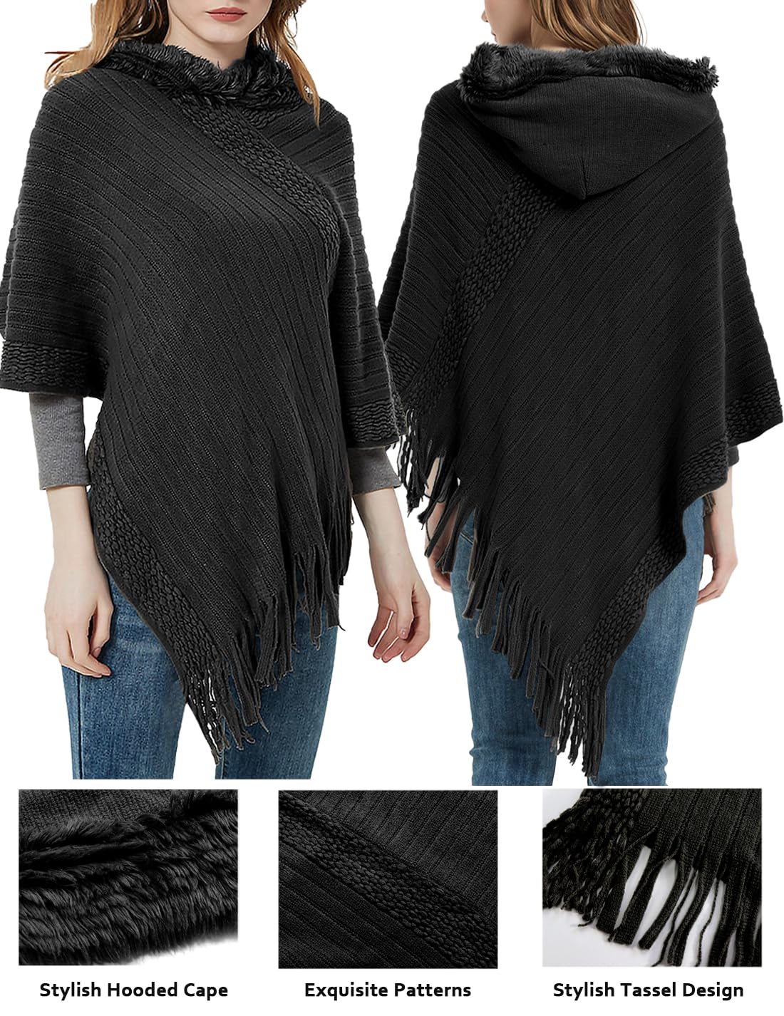 JFAN Poncho Mujer Invierno Otoño Poncho y Capa Punto para Mujer Pompón Gorro Poncho de Punto Flecos Felpa con Capucha