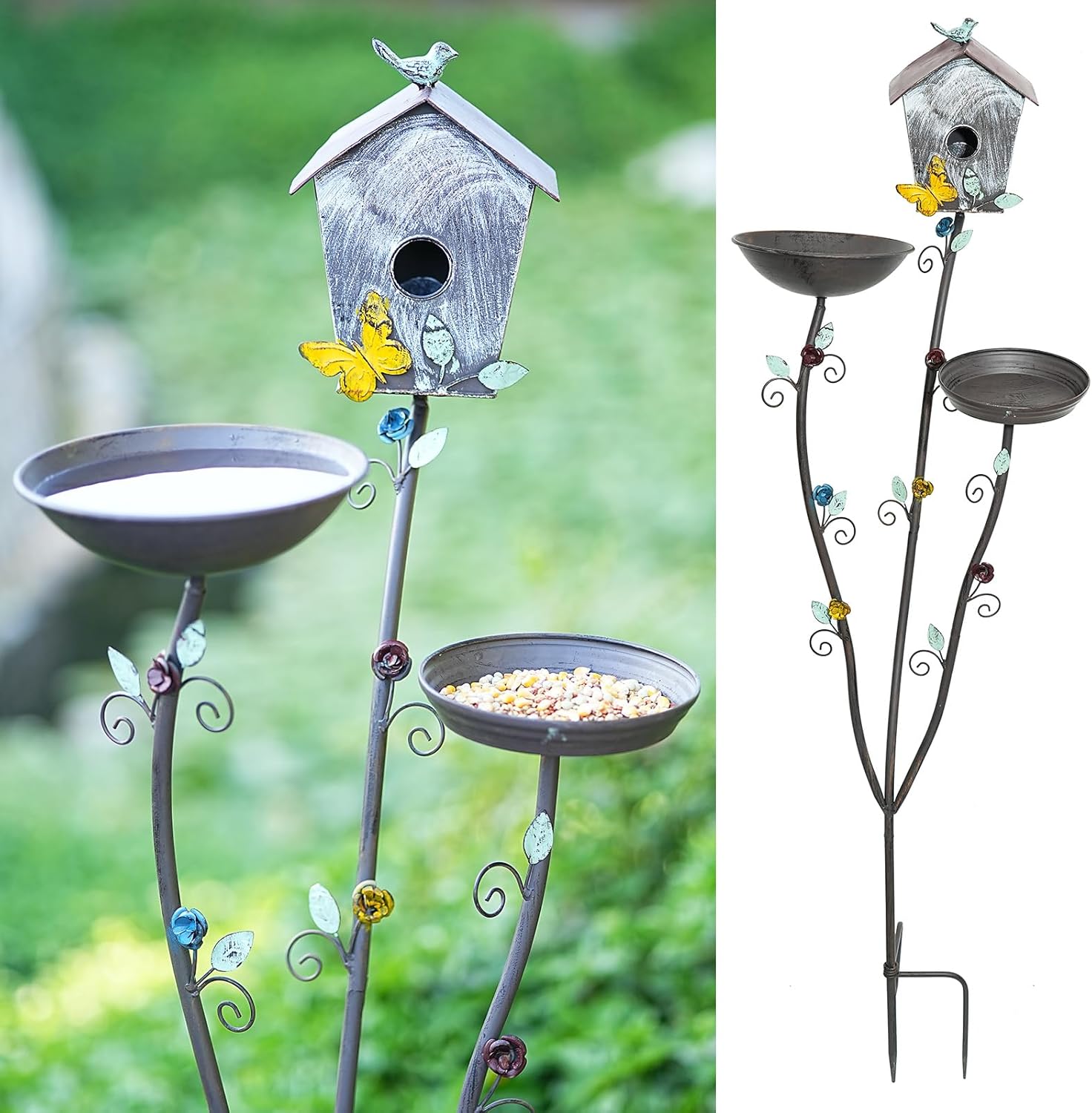 Metal Bird Bath Bowl and Bird House 3-in-1 Design for Outdoors, Garden Yard Decor