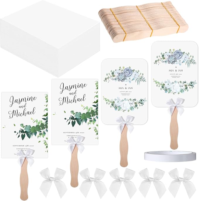TaoBary 100 Set Church Fans Handheld Set, DIY Wedding Church Fans Including Wavy Wooden Sticks Blank Cardstock White Bows and Tape for DIY Craft Painting Festival Celebration Hand Held Fans