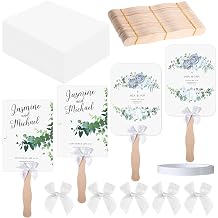 TaoBary 100 Pcs Church Fan Handheld Set Wedding Fans for Guest Bulk, Personalized Custom Fans Kit with Wavy Wooden Sticks Blank Cardstock White Bows & Tapecustom