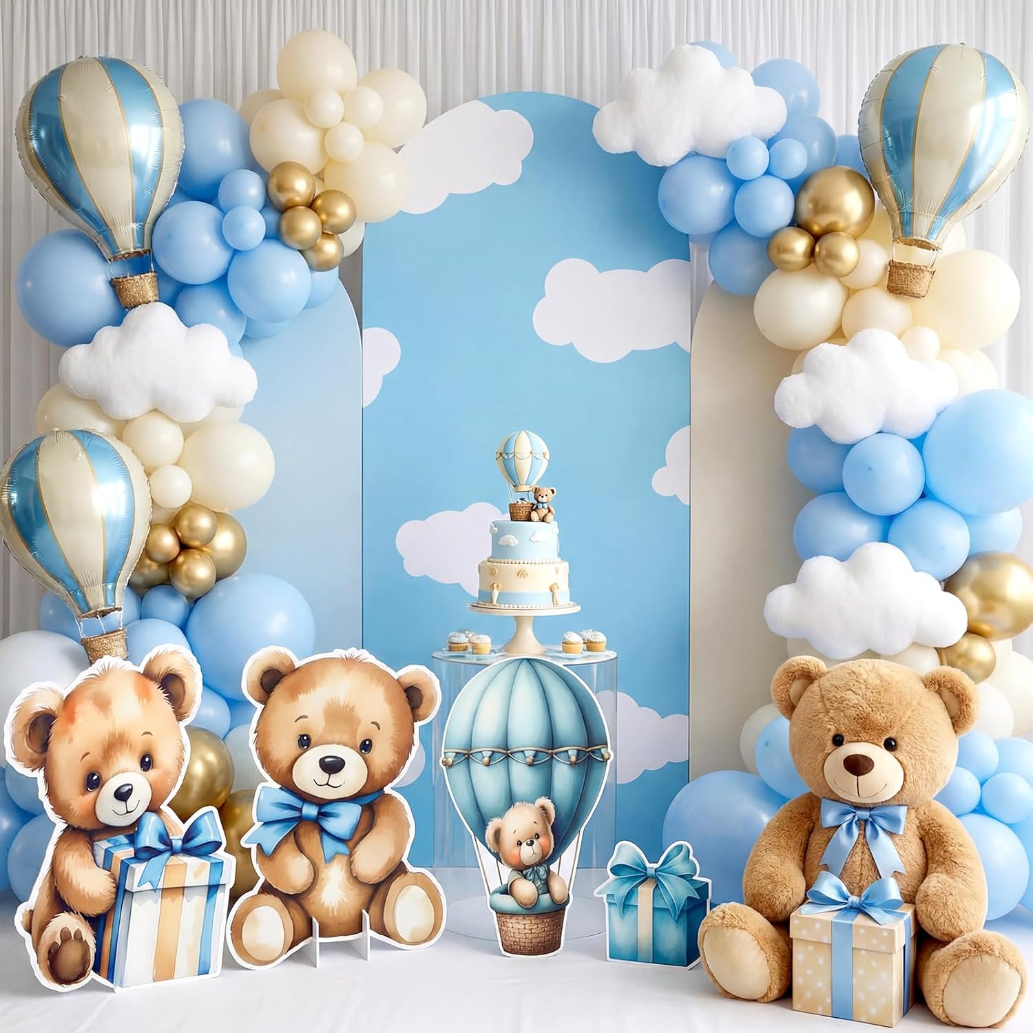 Honoson 5 Pcs 2.6x6ft Large Teddy Bear Arch Backdrop Stand Baby Shower Photo Booth Props Background Party Decoration Cardboard Cutouts for Blue Baby Shower Birthday Gender Reveal Party Supplies
