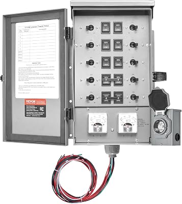 VEVOR Manual Transfer, 50-Amp 10-Circuit, Prewired Generator Transfer Kit with CS6375 Plug Power Inlet Box, Double-Throw, NEMA 3R, Mechanical Watt Meter, for 12500W Generators