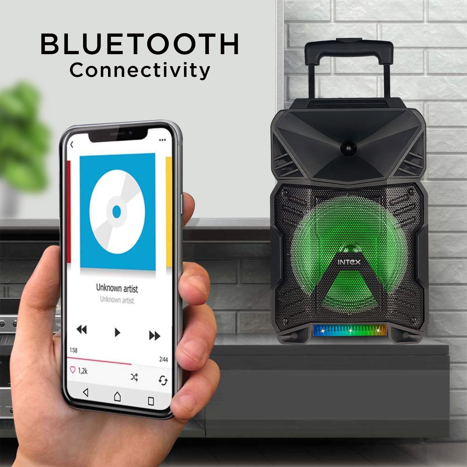 Smartphone displaying music player connected via Bluetooth to the Intex T-300 Pro speaker