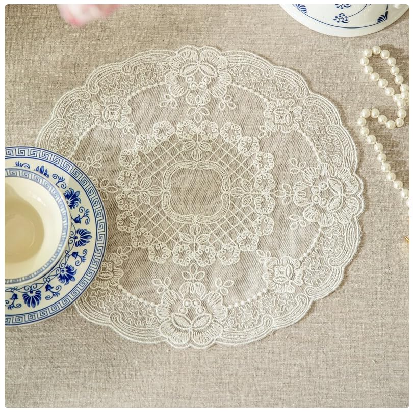 2Pack 15-inch Round Retro Lace Placemats, French Crochet Doilies, Handmade Embroidered Table Mats, Fiygor White Place Mats Cup Mat