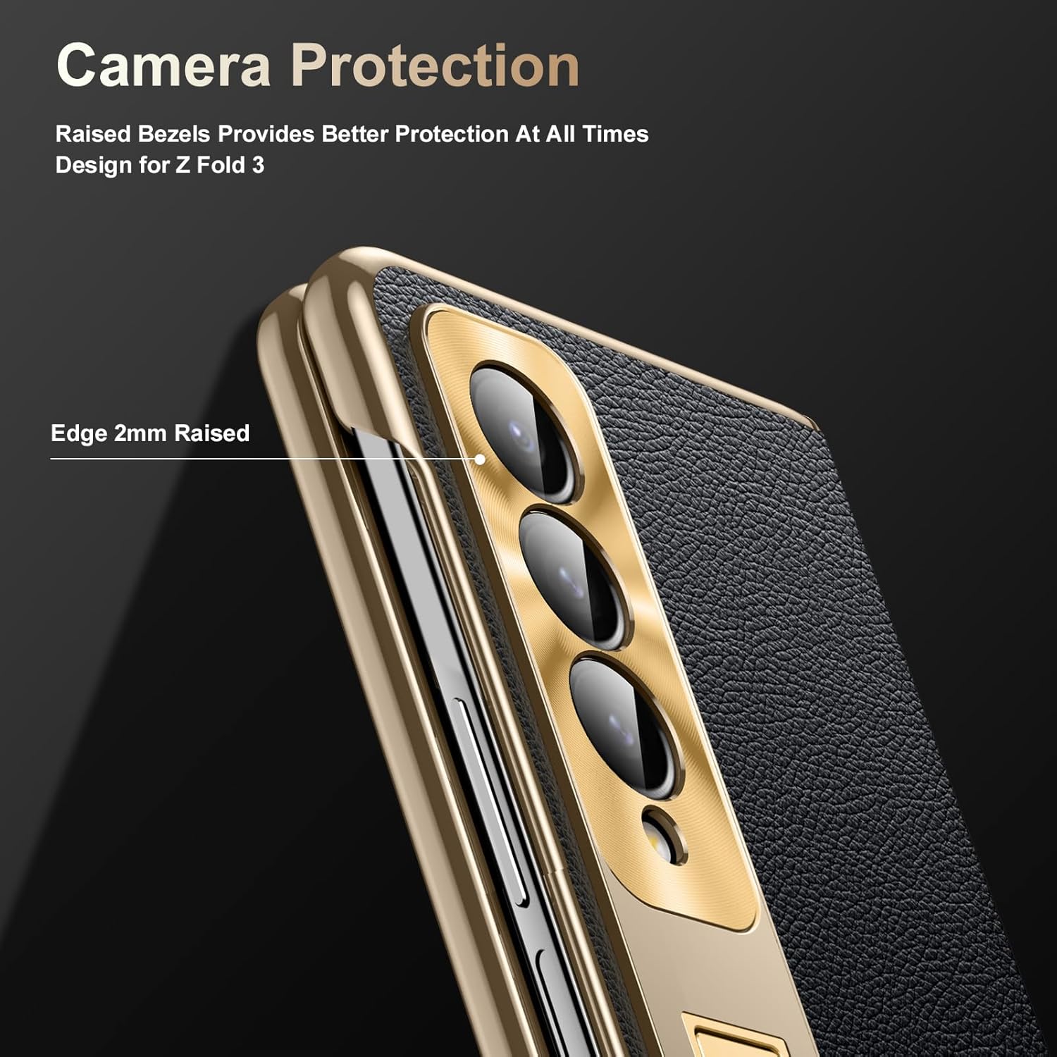for Samsung Galaxy Z Fold 3 Case, Electroplated Frame, Luxury Leather Back, Full Magnetic Hinge Protective, Screen Protector, Metal Stand, Thin & Slim Stand Phone Cover 5G 2021, Black