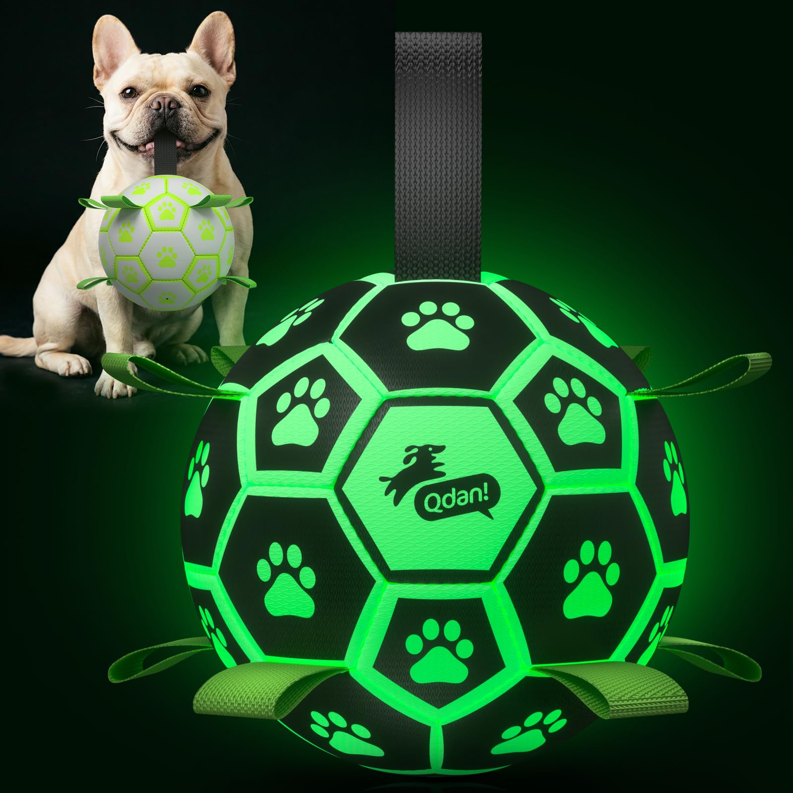 QDAN Glow in The Dark Dog Toys Soccer Ball with Straps, Outdoor Interactive Dog Toys Puppy Birthday Gifts, Dog Tug Water Toy, Light Up Dog Balls for Small &amp; Medium Dogs（6 Inch Size 2）