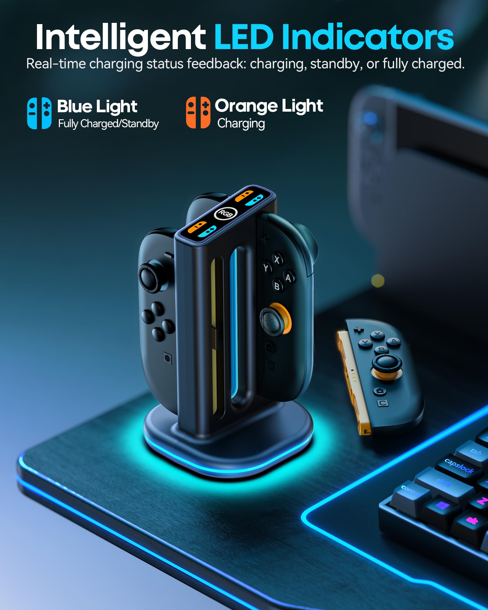 Chargeur Manette Switch 2 pour Joy-Con 2, Station de Charge Joycon 2 avec Effets RVB, Indicateurs de Charge Intelligents, Accessoires et Rangement (Non Compatible avec Manettes Switch Originales/OLED)