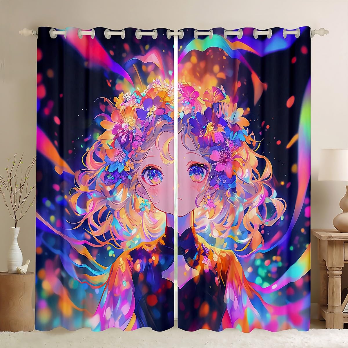 Loussiesd Drama Curtains for Bedroom Living Room Traditional Chinese Opera Blackout Curtains (2 Panels, W52*L90) Cartoon Grils Print Darkening Blackout Curtain Decor Galaxy Window Treatments Kawaii โ image 1