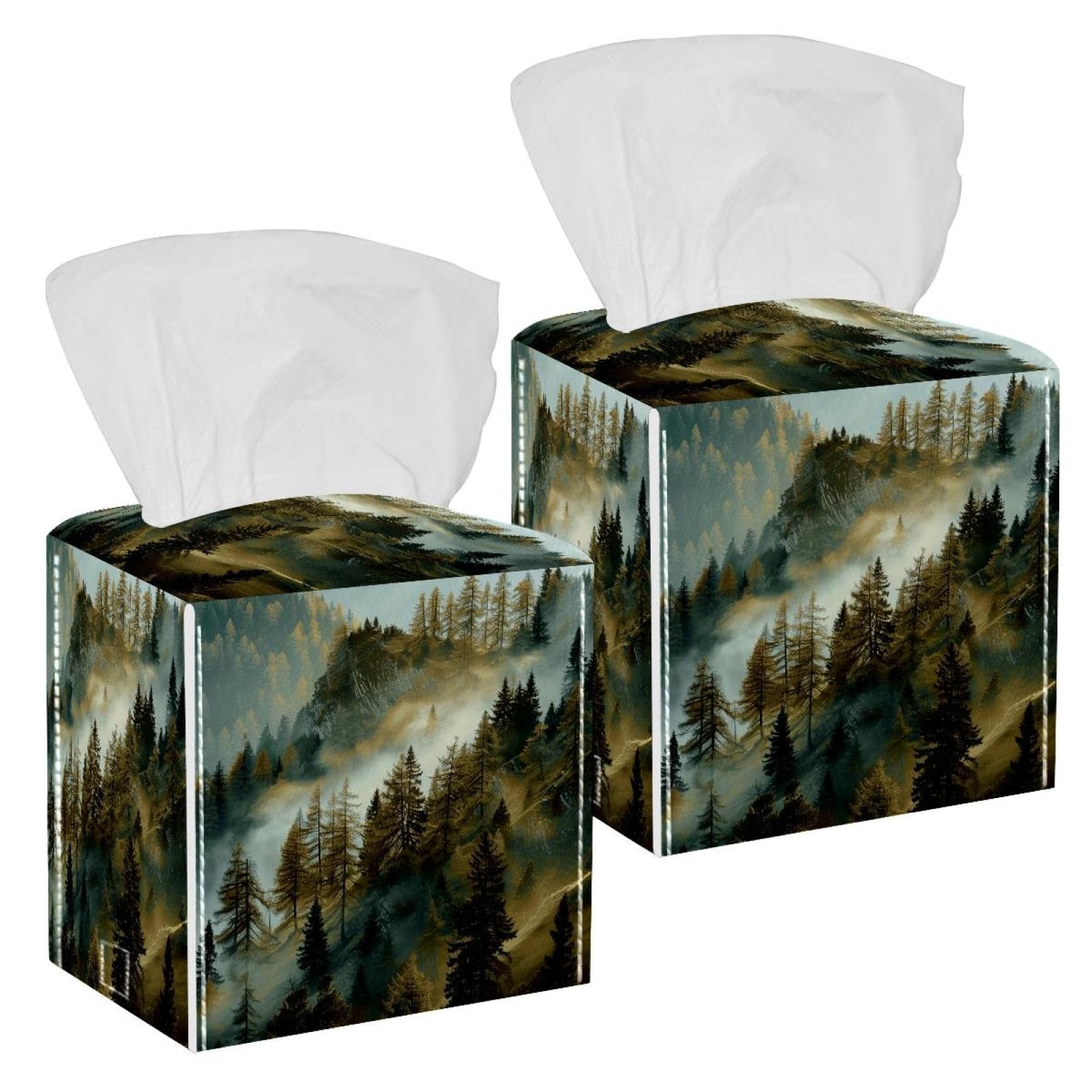 Cloud Pine Forest Tissue Box Cover, 2 Pack PU Leather Square Facial Tissue Dispenser Box holder for Home Office Car