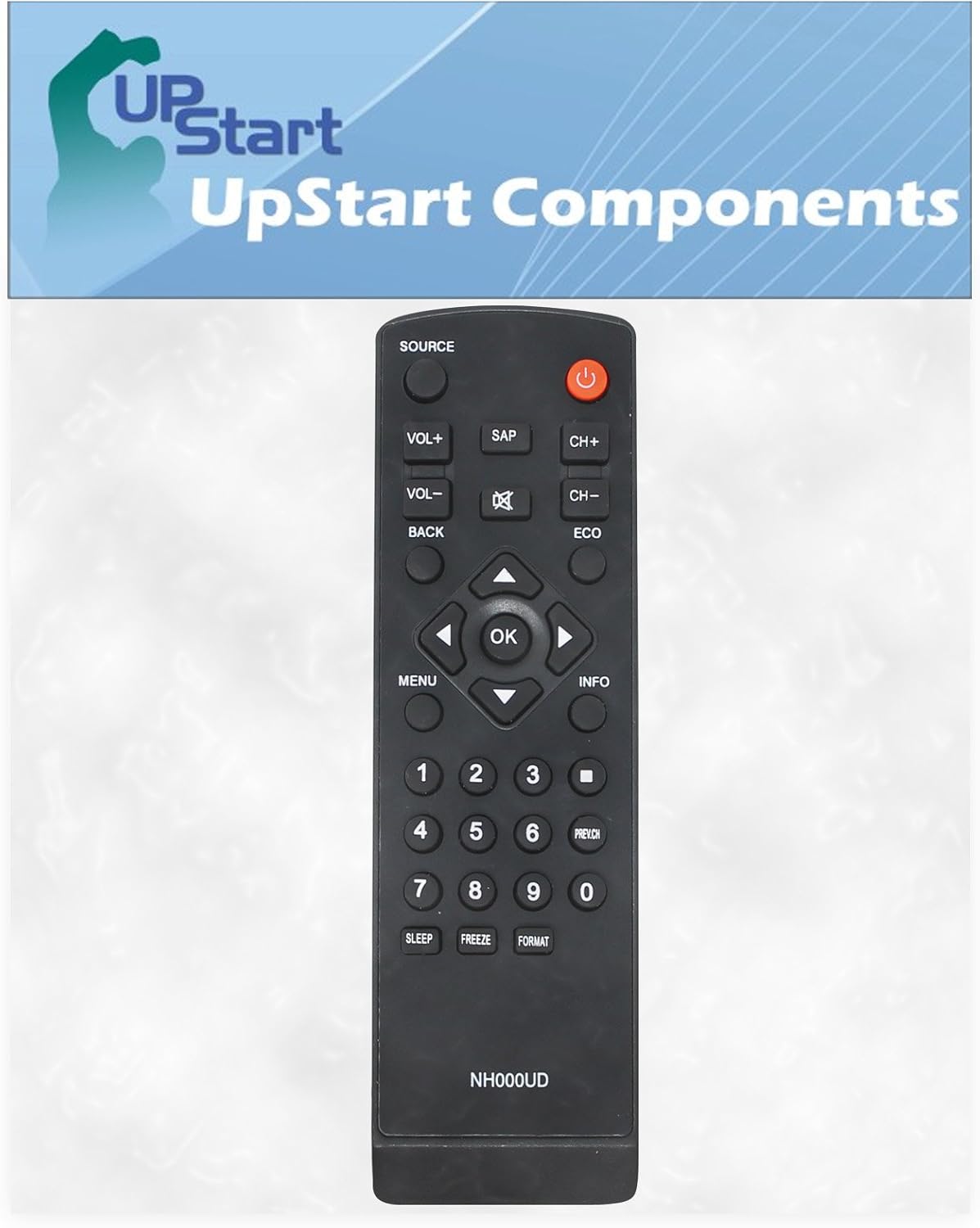 Пеш view of the UpStart Components remote control for Emerson TV, showing all buttons.